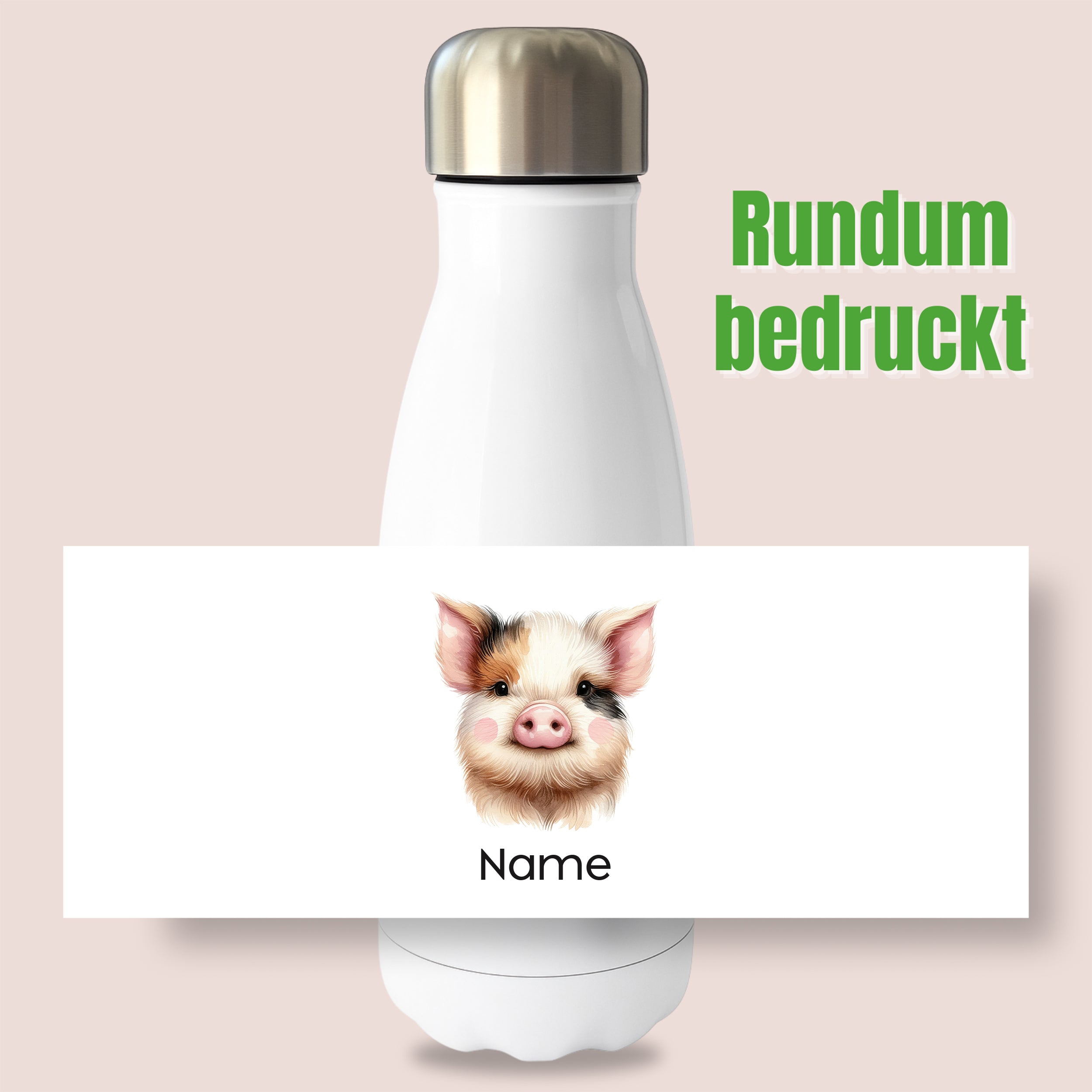 Weiße Thermoflasche mit Schweinemotiv und Wunschname, Detailansicht des Druckmotivs