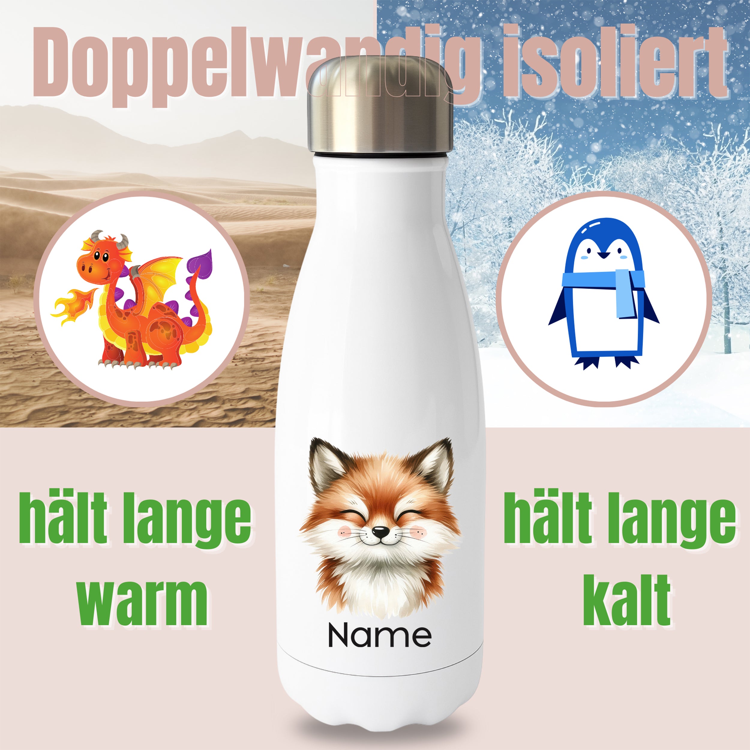 Weiße Thermoflasche mit Fuchsmotiv und Wunschname vor Produktgrafik