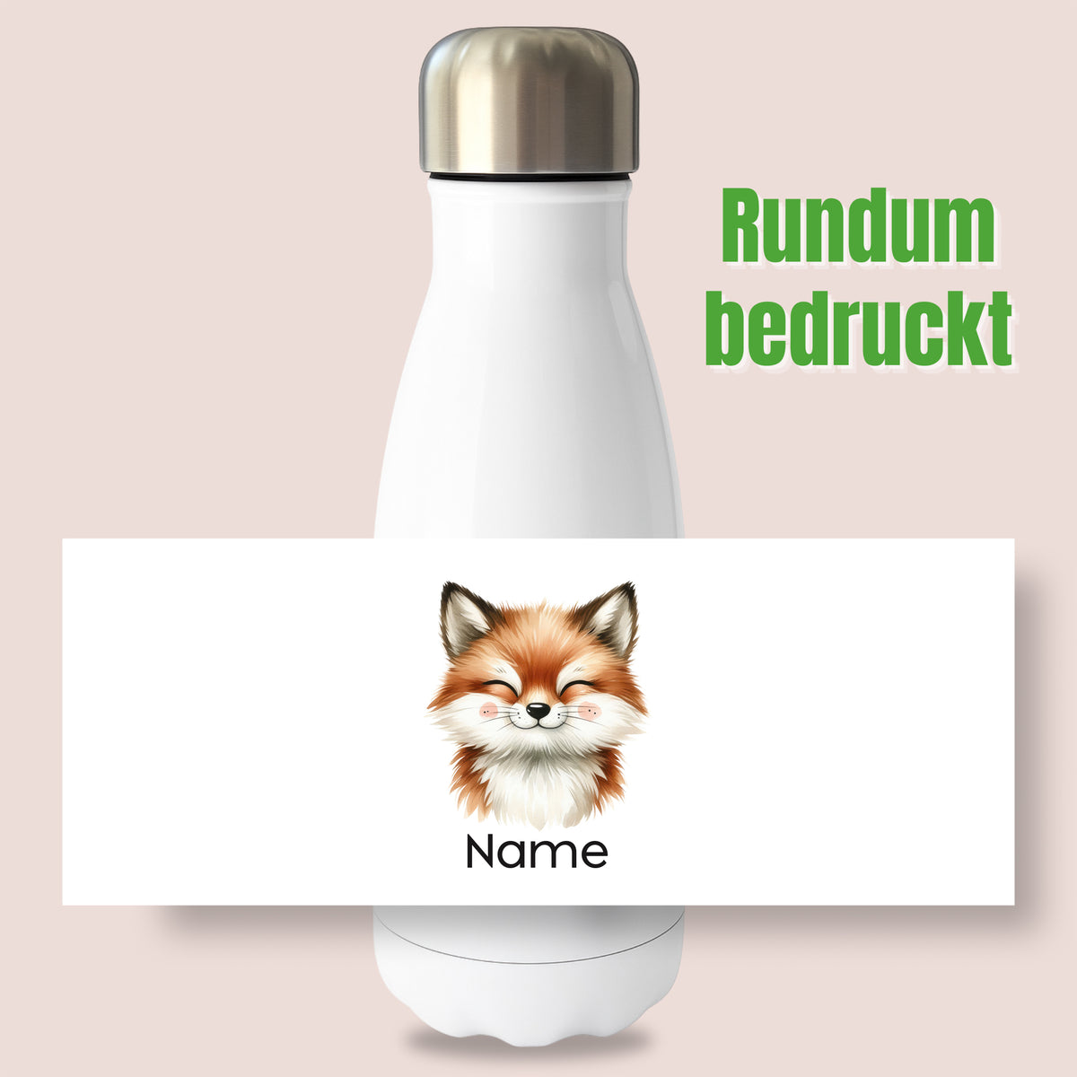 Weiße Thermoflasche mit Fuchsmotiv und Wunschname, Detailansicht des Druckmotivs