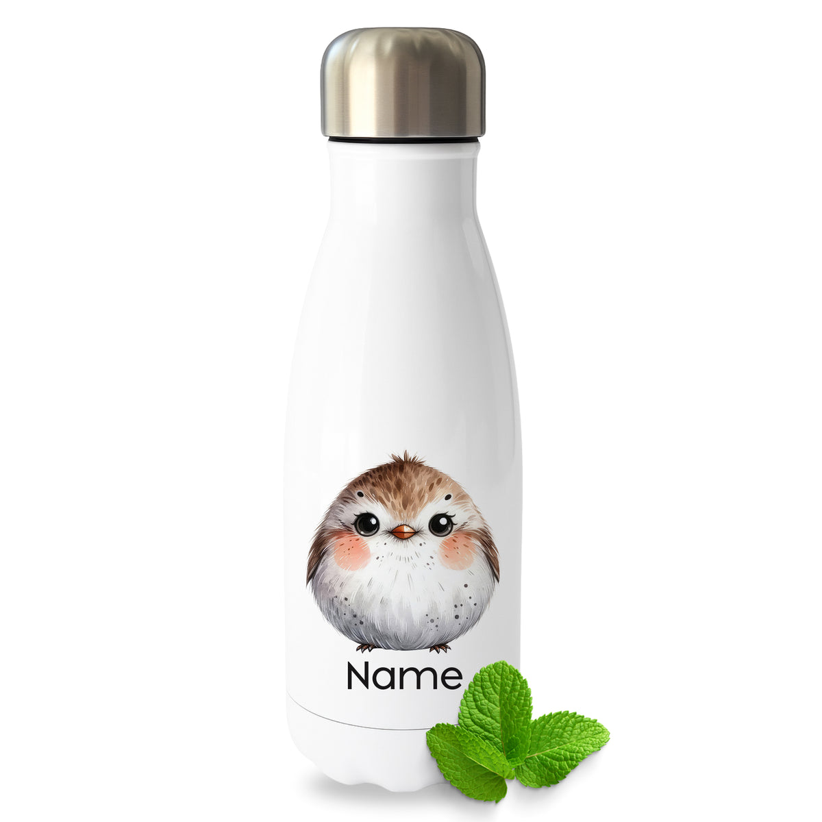 Weiße Thermoflasche mit Rotkehlchenmotiv und Wunschname