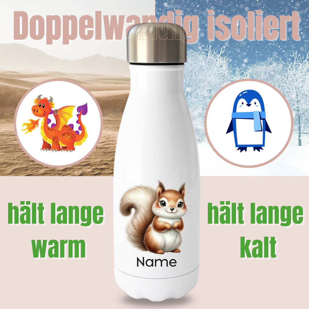 Weiße Thermoflasche mit Eichhörnchenmotiv und Wunschname vor Produktgrafik