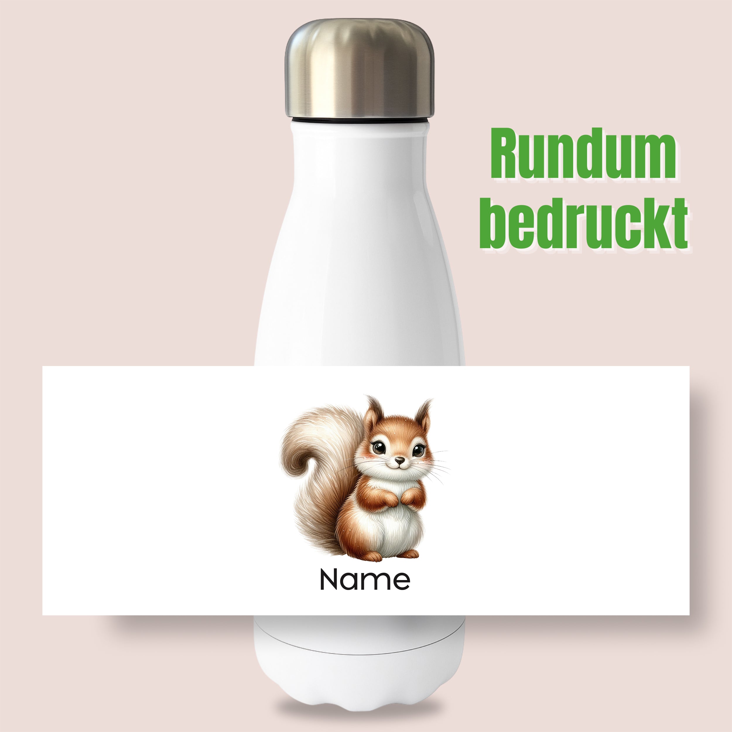 Weiße Thermoflasche mit Eichhörnchenmotiv und Wunschname, Detailansicht des Druckmotivs
