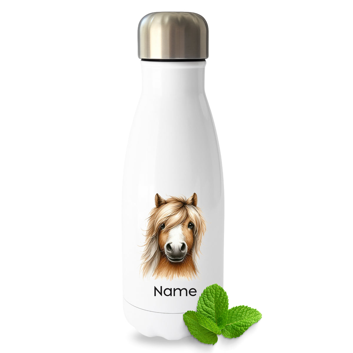 Weiße Thermoflasche mit Pferdemotiv und Wunschname