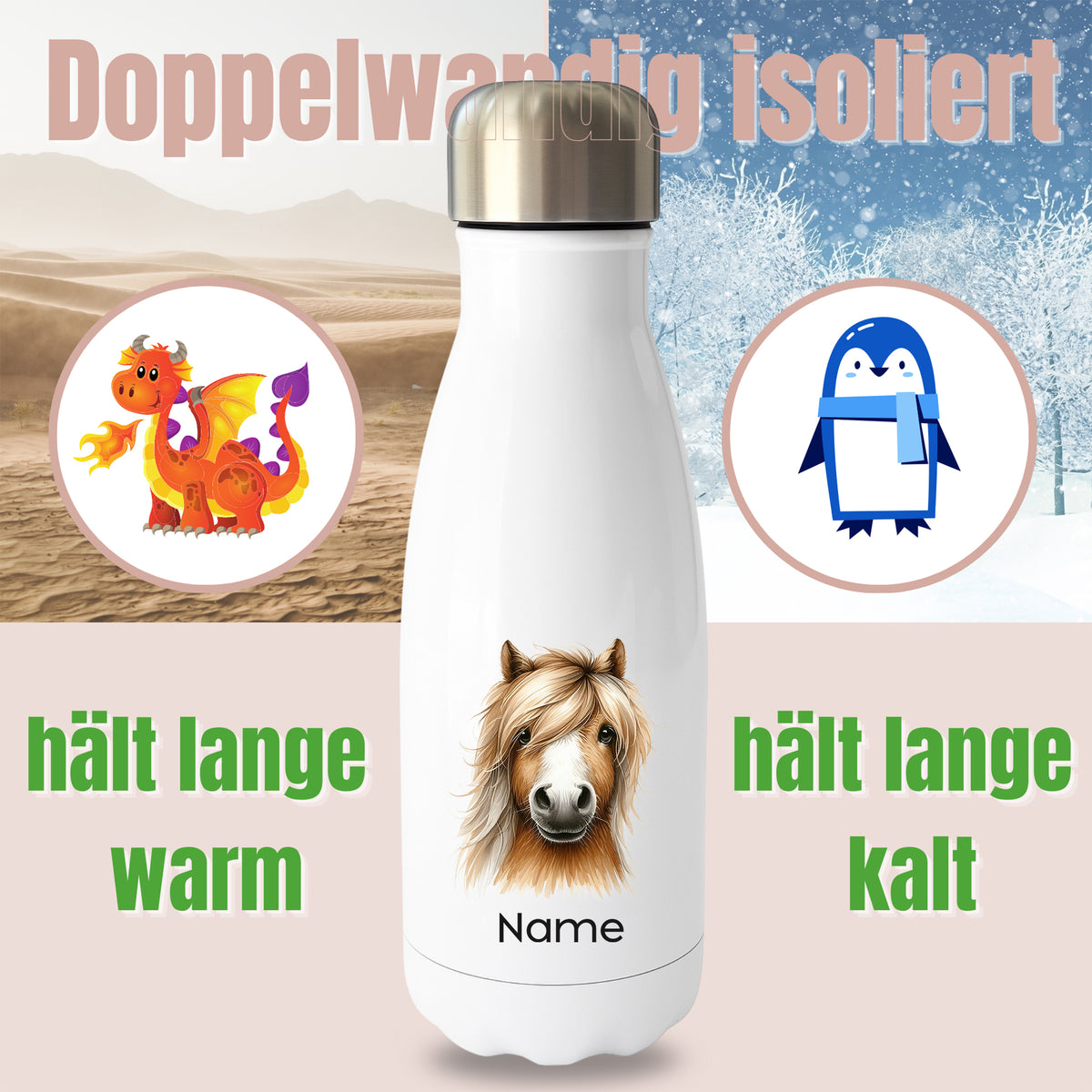 Weiße Thermoflasche mit Pferdemotiv und Wunschname vor Produktgrafik