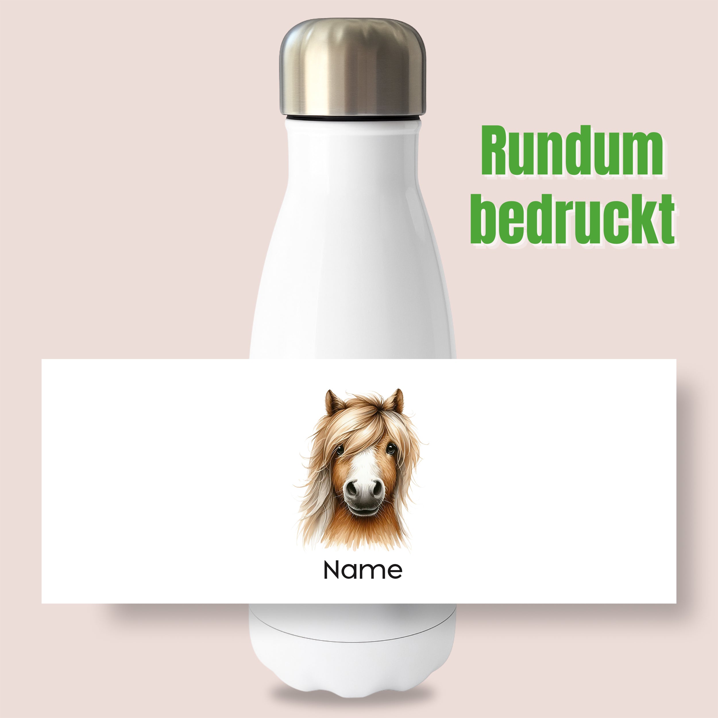Weiße Thermoflasche mit Pferdemotiv und Wunschname, Detailansicht des Druckmotivs