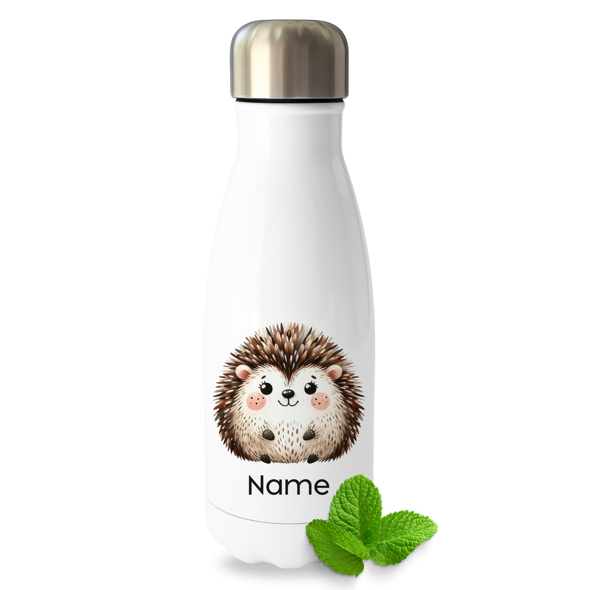 Weiße Thermoflasche mit Igelmotiv und Wunschname