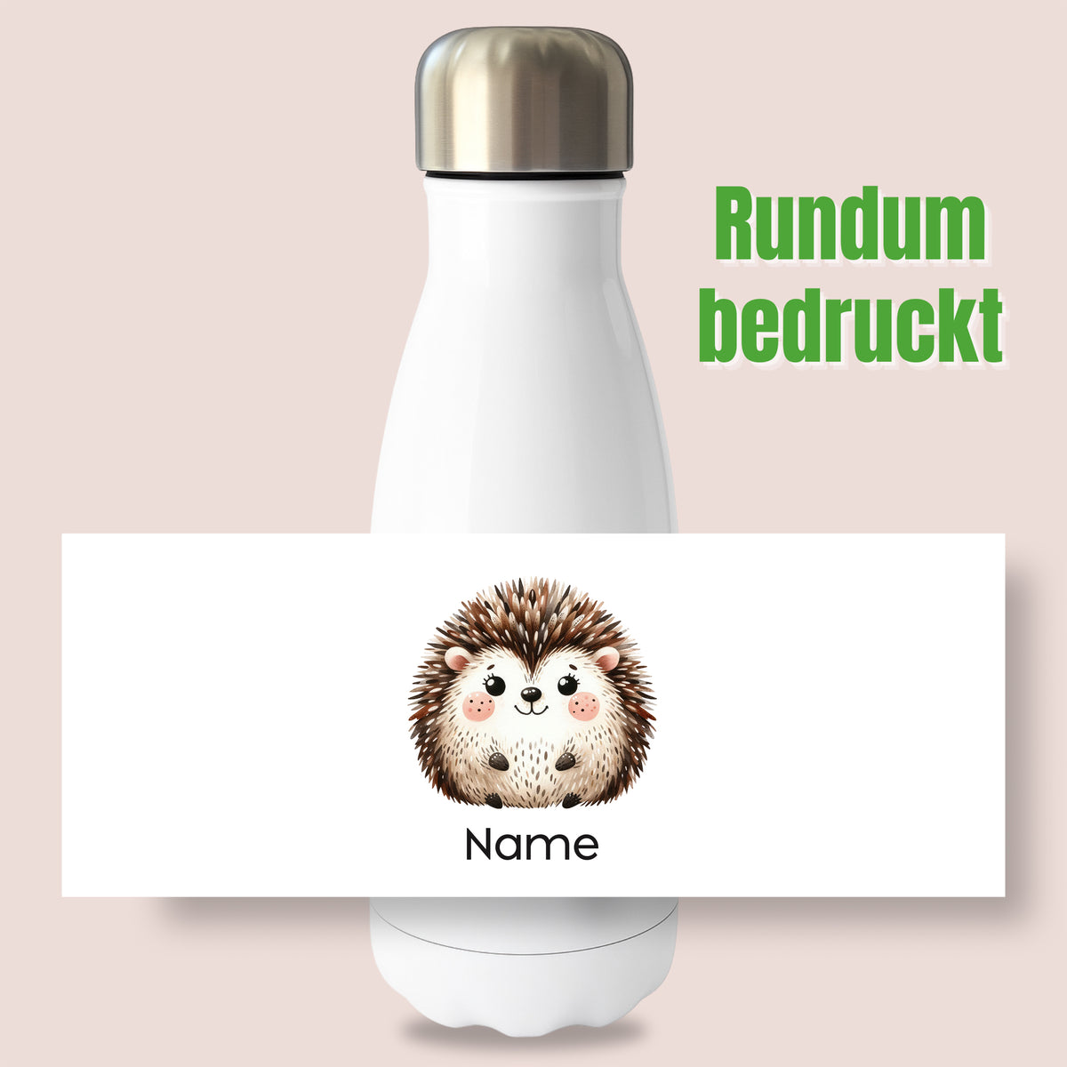 Weiße Thermoflasche mit Igelmotiv und Wunschname, Detailansicht des Druckmotivs
