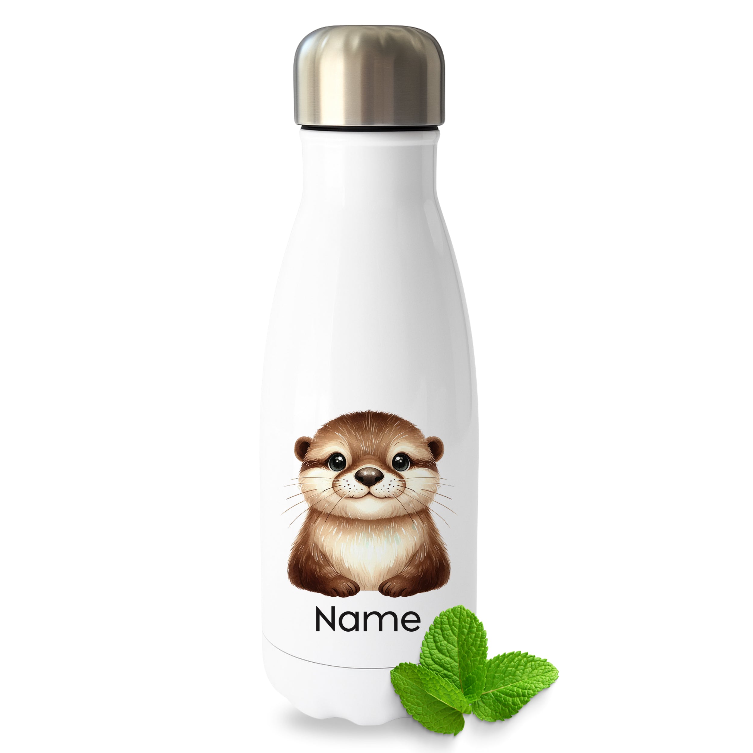 Weiße Thermoflasche mit Ottermotiv und Wunschname