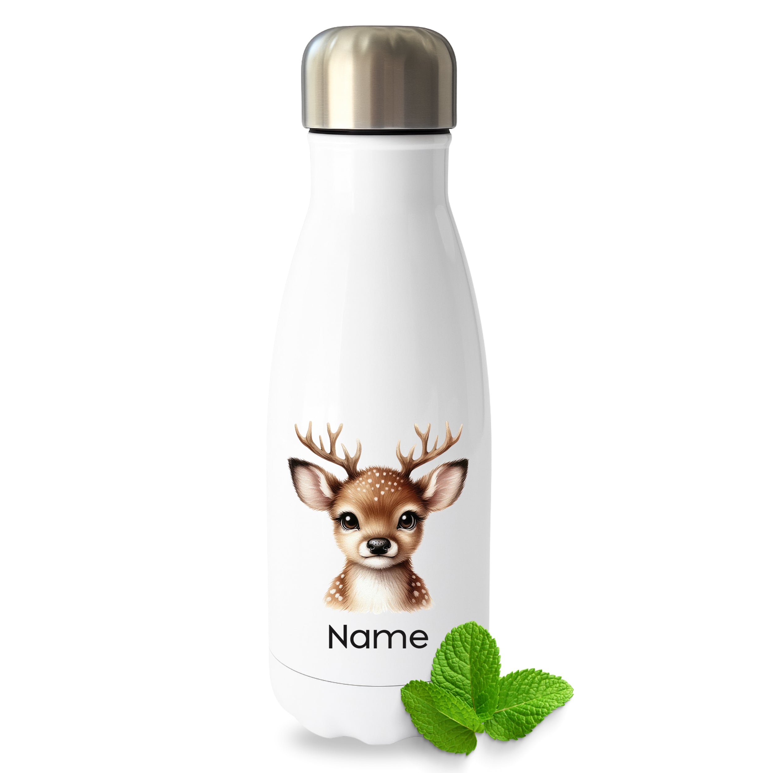 Weiße Thermoflasche mit Rehmotiv und Wunschname
