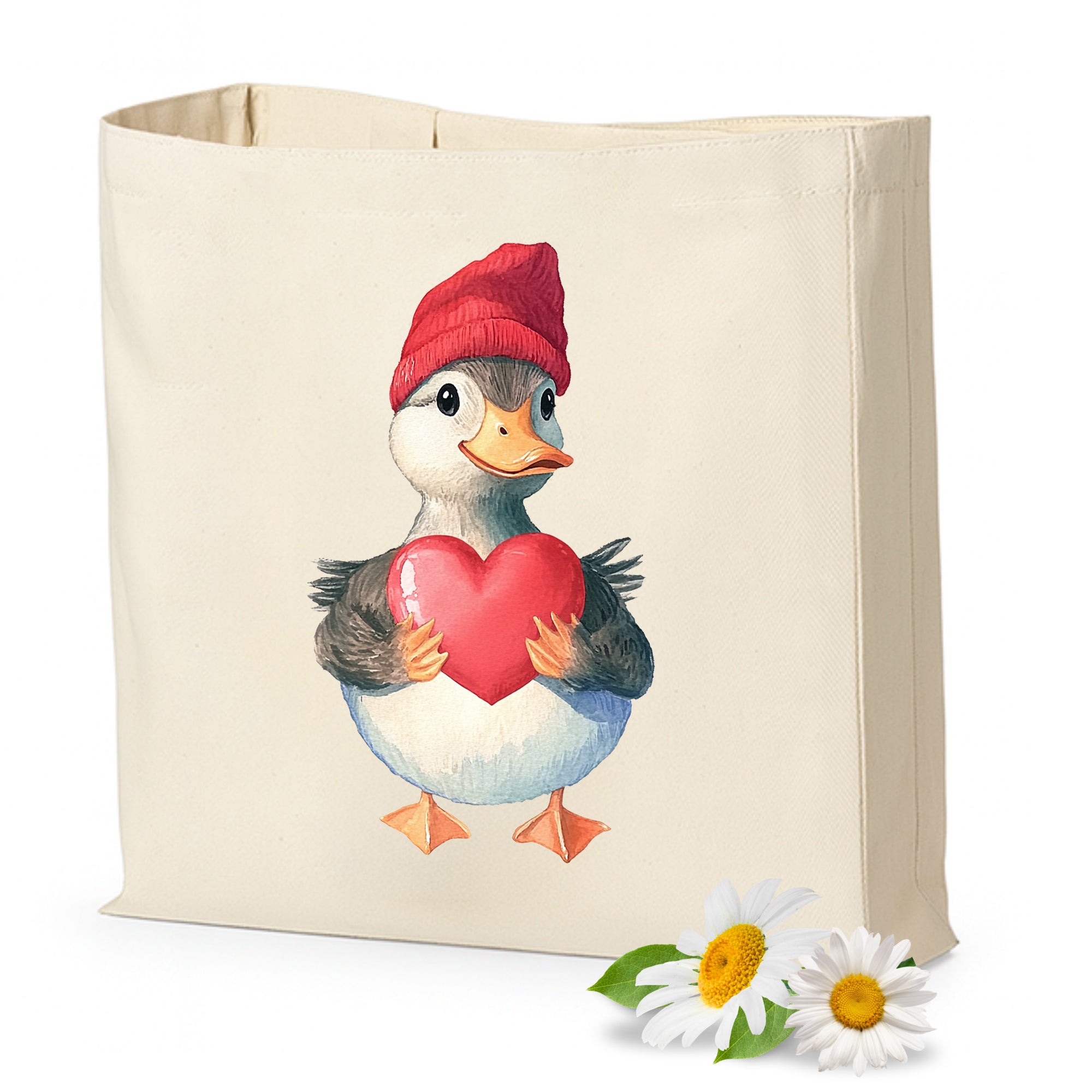Stofftasche mit Entenmotiv, rotem Hut und Herz.
