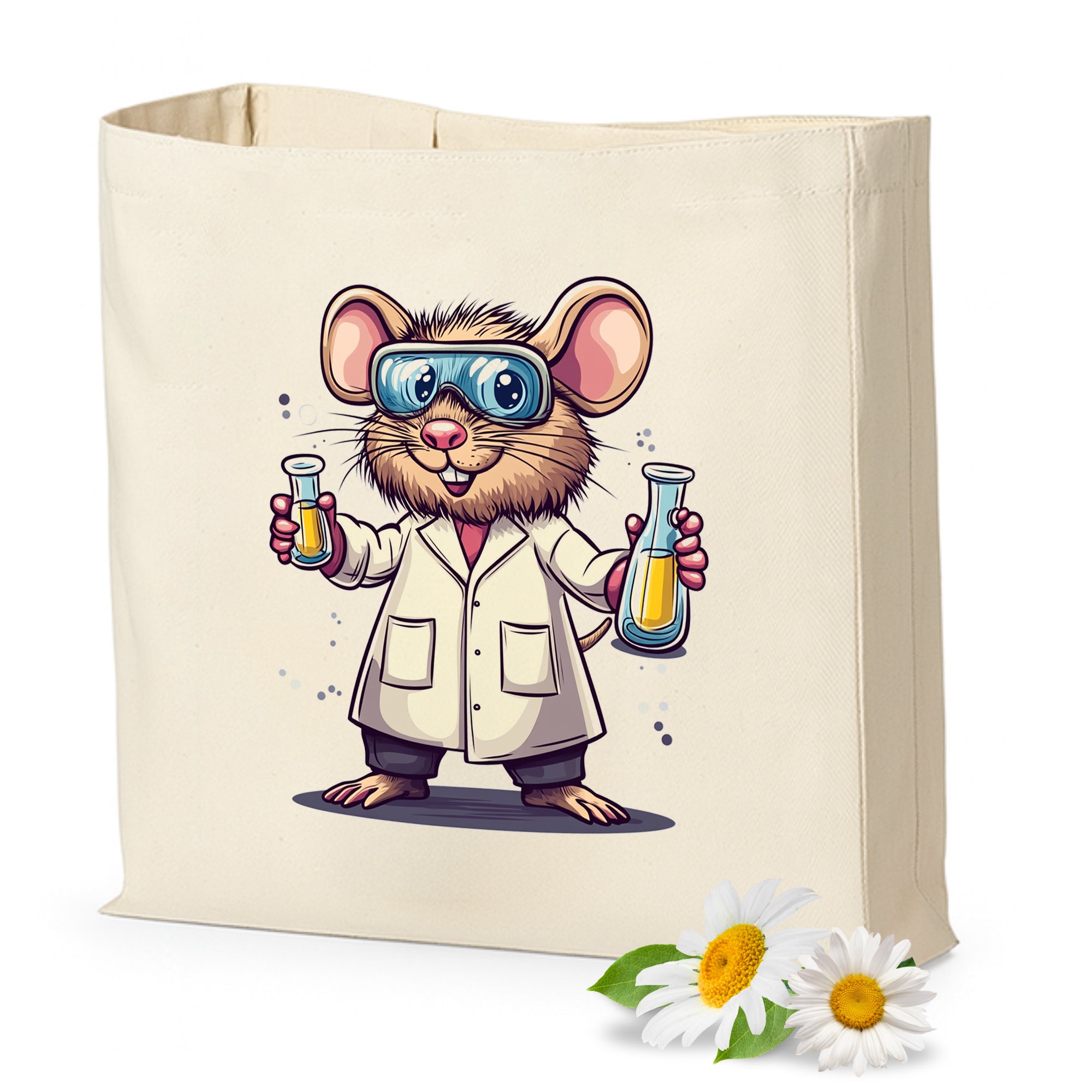 Beige Tasche mit Cartoon-Maus im Laborkittel und Reagenzgläsern.