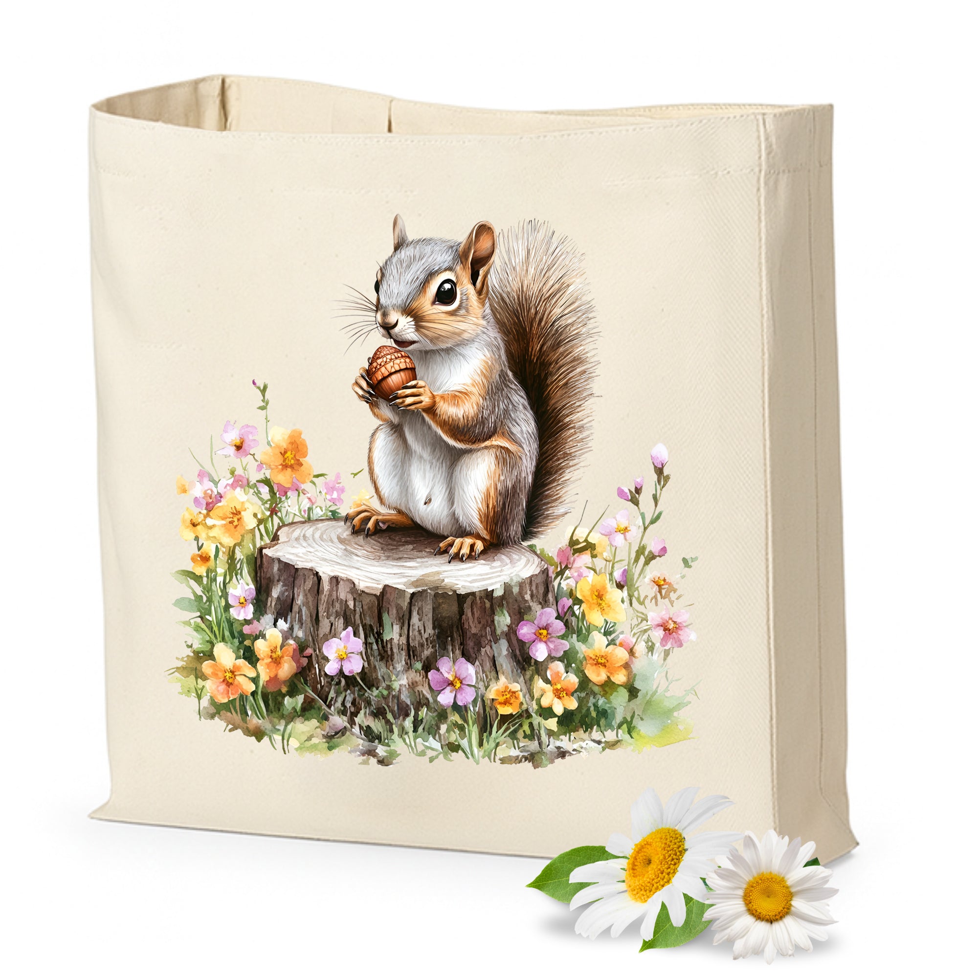 Beige Tasche mit Eichhörnchen und bunten Blumenmotiven.