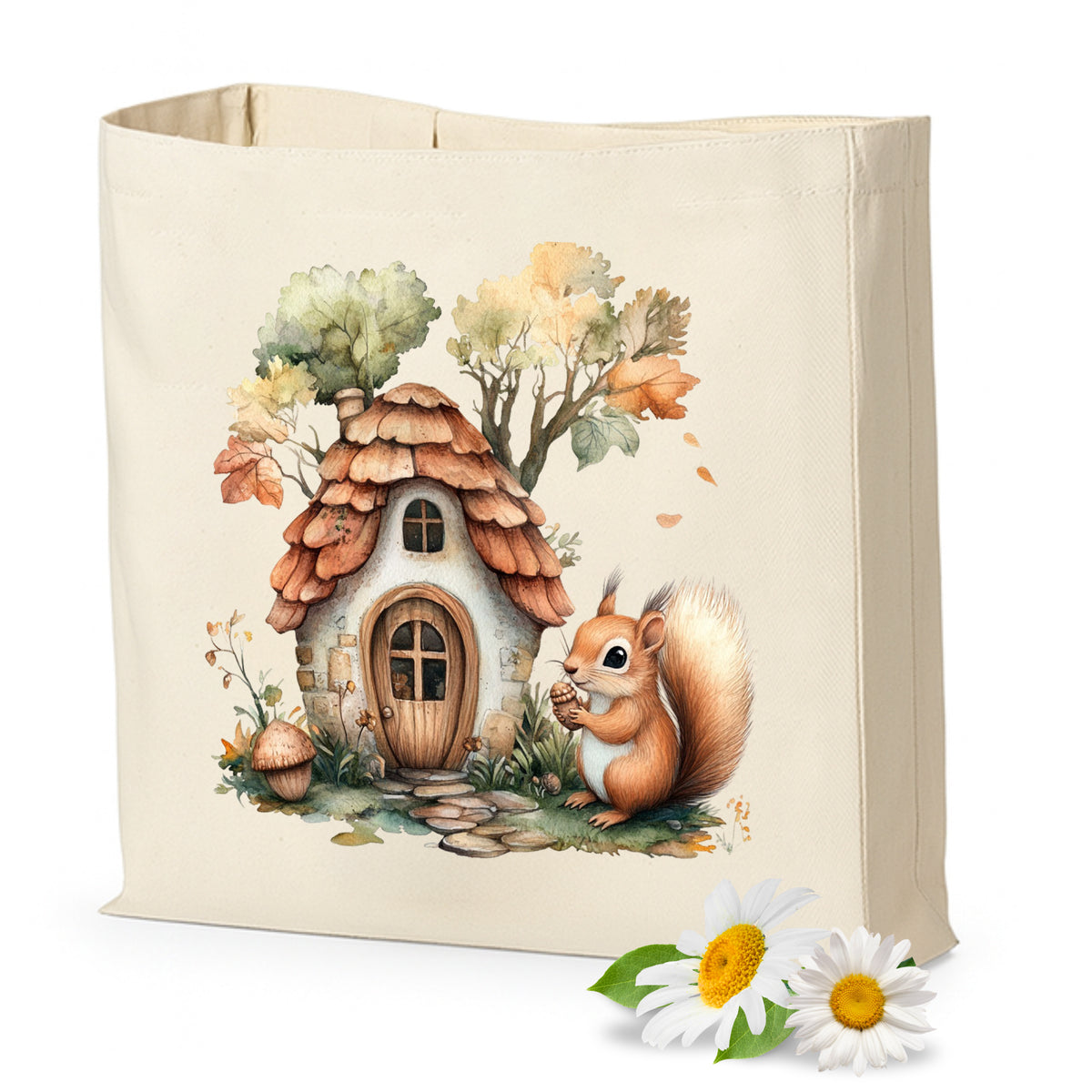 Beige Tasche mit Eichhörnchen und Märchenhaus-Motiv.