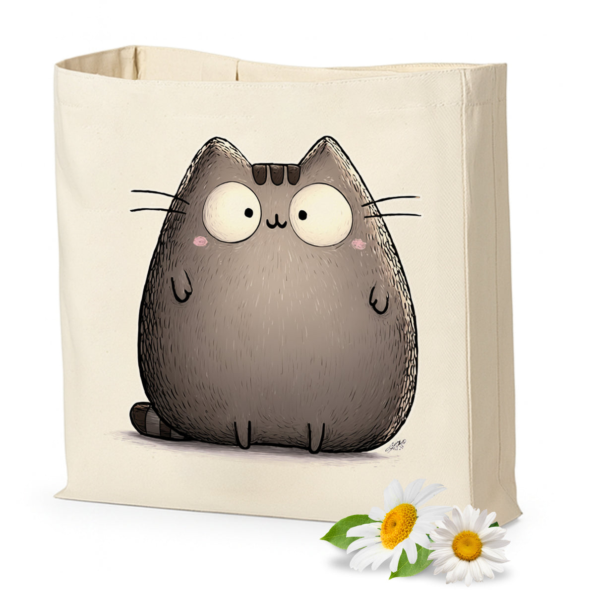 Beige Tasche mit niedlichem grauen Katzenmotiv.