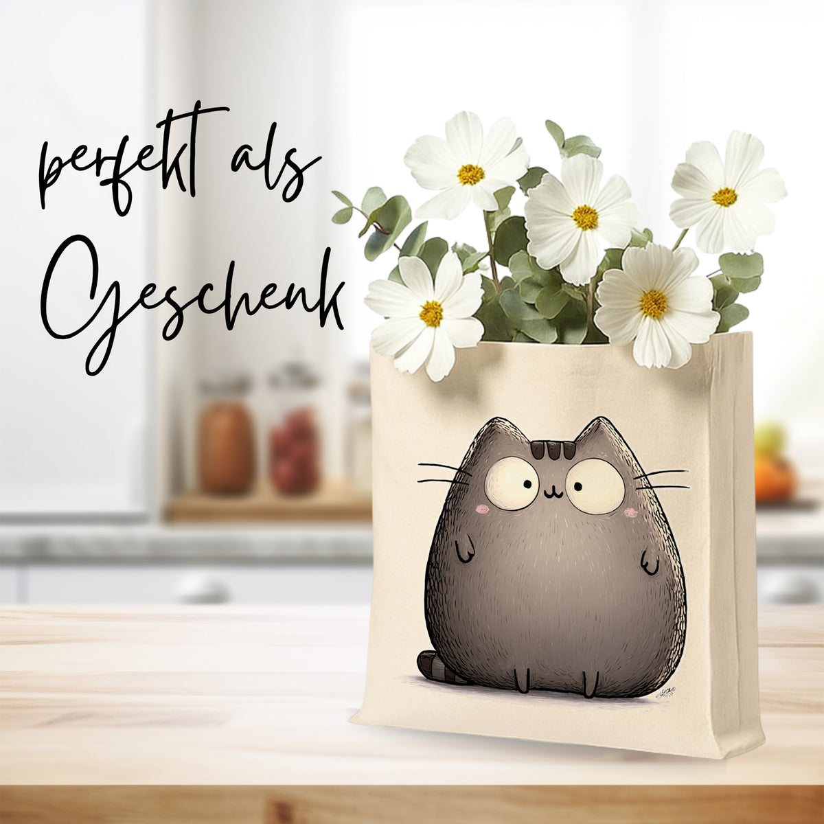 Graue Katzen-Tasche mit weißen Blumen, perfekt als Geschenk.