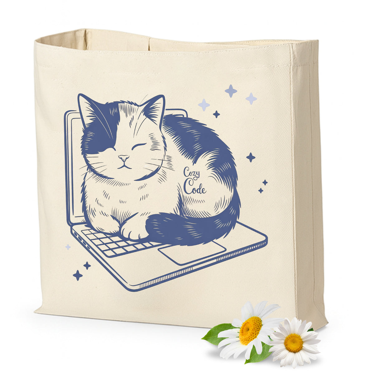 Beige Baumwolltasche mit Katze auf Laptop, Schriftzug "Cozy Code".