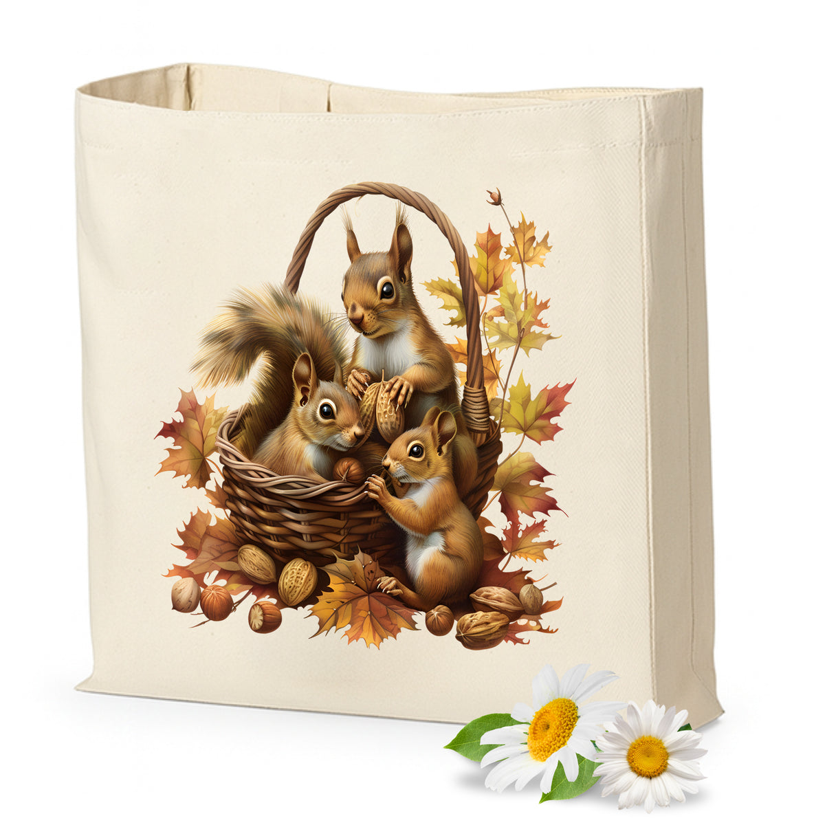 Beige Tragetasche mit drei Eichhörnchen und Nüssen.