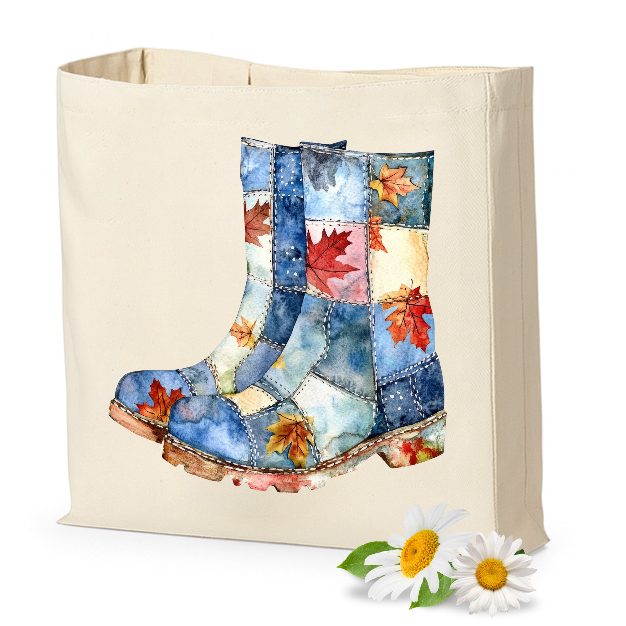 Wasserdichte Stiefel in Blau mit bunten Blättern.