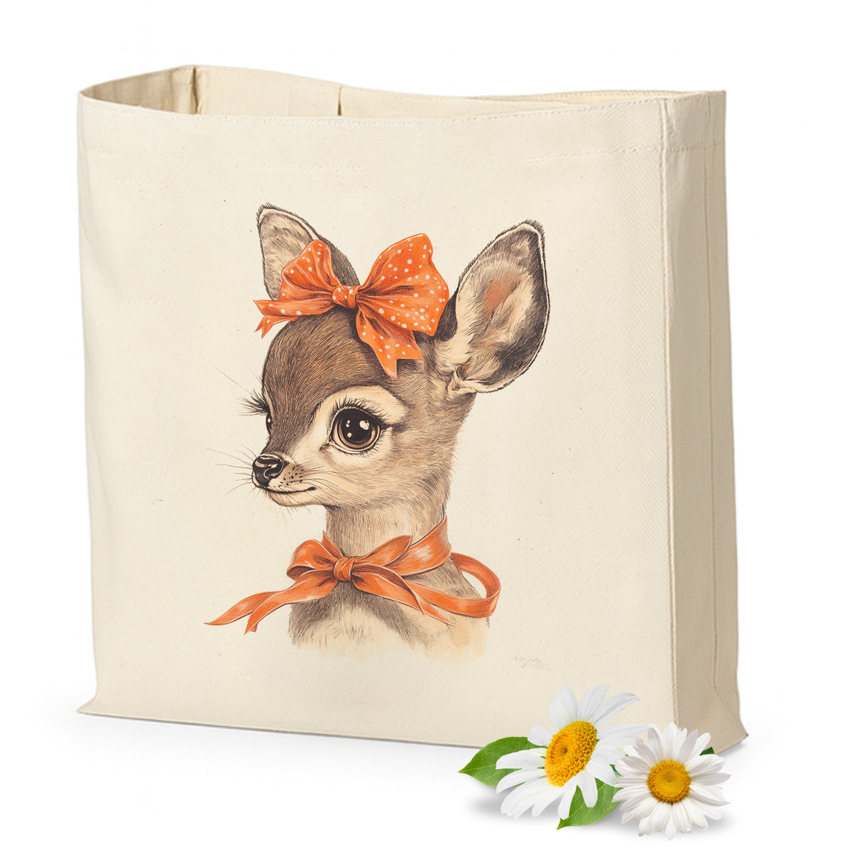 Stofftasche mit Rehkitz, orangefarbener Schleife und Blumen.