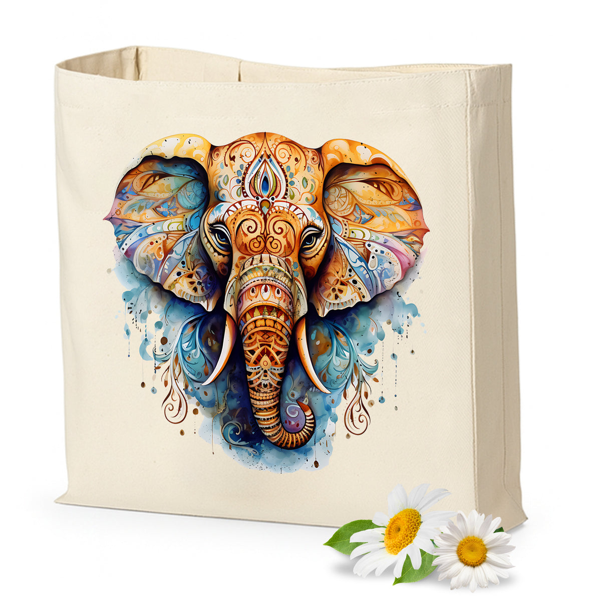 Bunter Elefant auf beigem Stoffbeutel mit floralen Mustern.