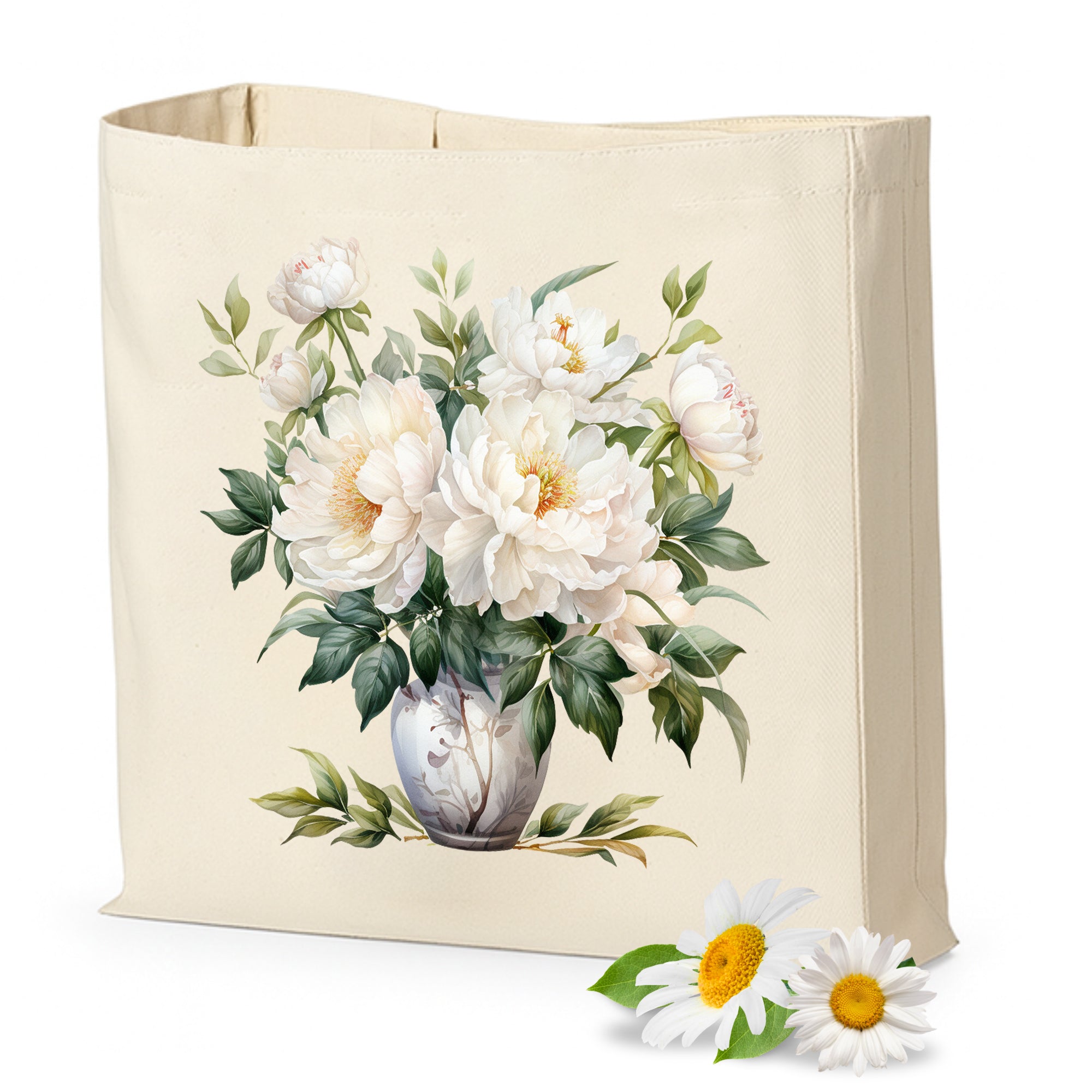 Beige Tasche mit weißen Pfingstrosen und grünen Blättern.