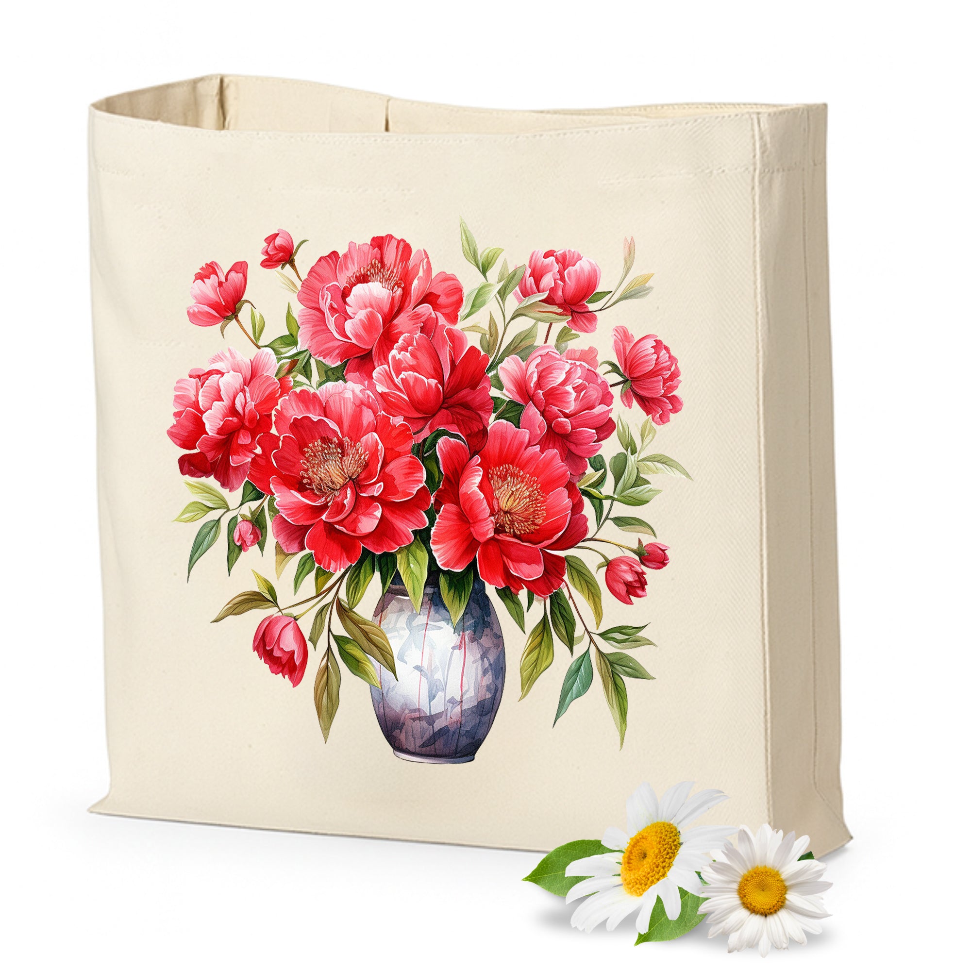 Beige Tasche mit roten Pfingstrosen und blauem Vase-Motiv.
