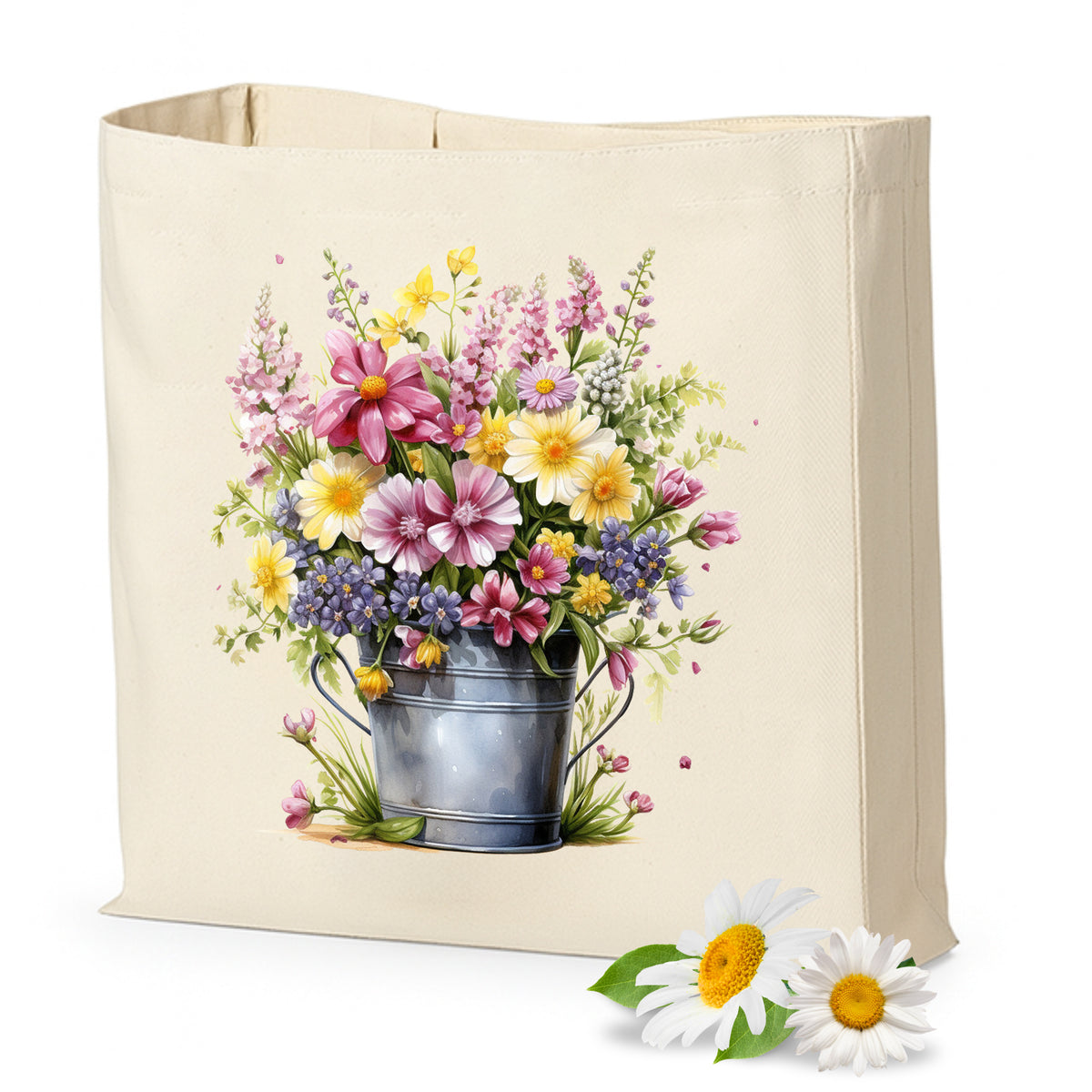 Beige Tasche mit bunten Blumen und Eimer-Motiv.
