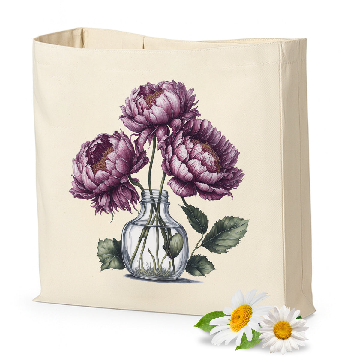 Beige Tasche mit lila Pfingstrosen und Glasvase.