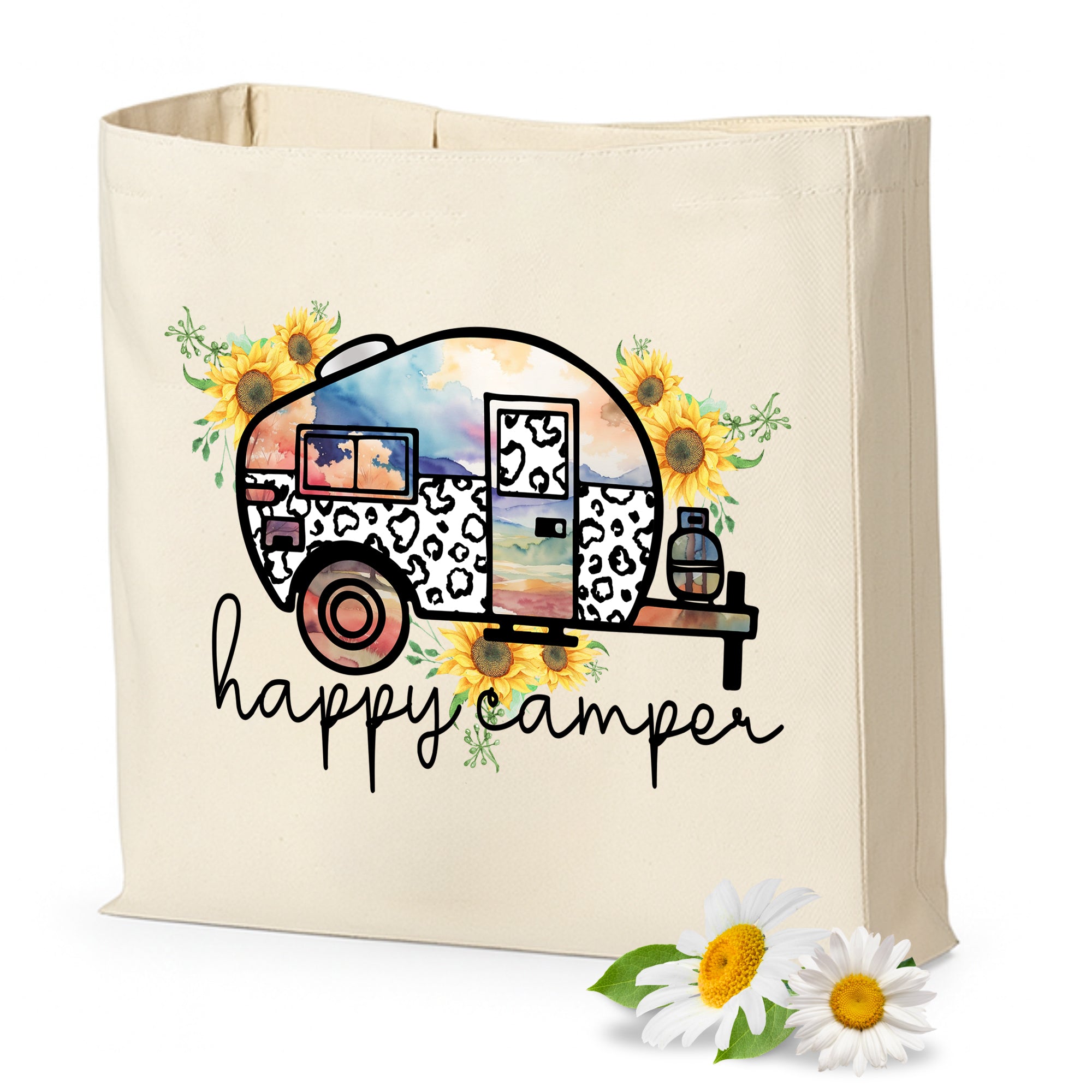 Beige Tasche mit "happy camper" und Wohnwagen-Motiv.
