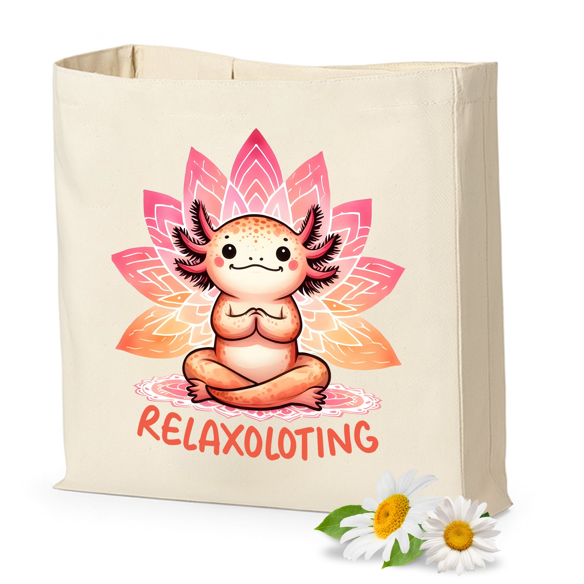 Beige Tasche mit relaxendem Axolotl und Lotusblüten-Motiv.