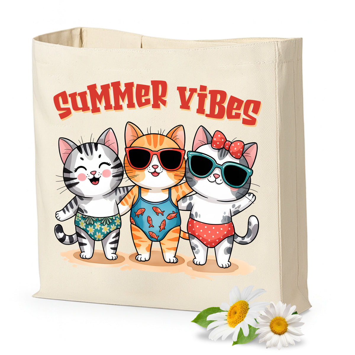 Tasche mit drei Katzen in Badebekleidung und Sonnenbrillen.