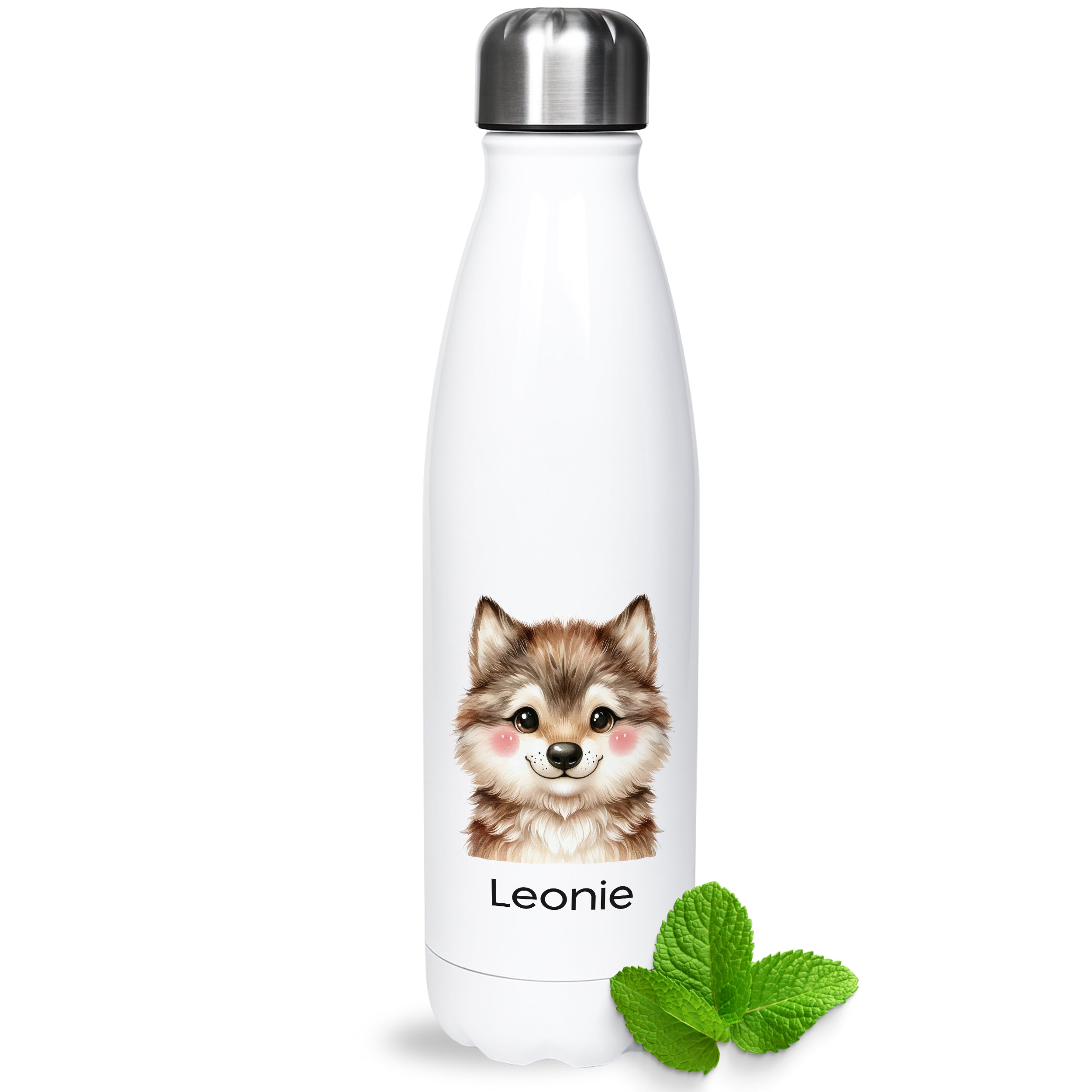 Weiße Thermoflasche mit Katzenmotiv und Wunschname