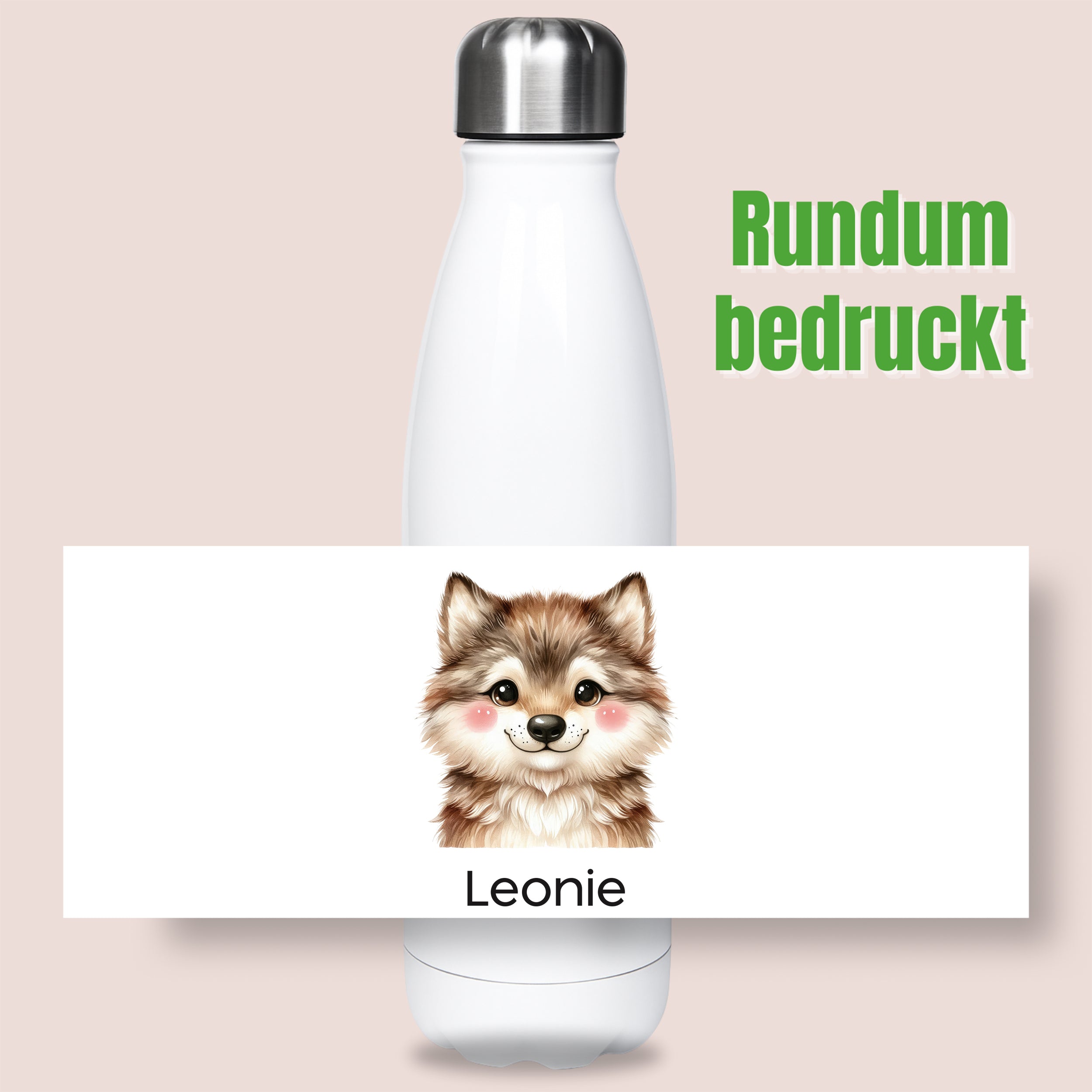 Thermoflasche mit Katzenmotiv und Wunschname, grafische Motivansicht