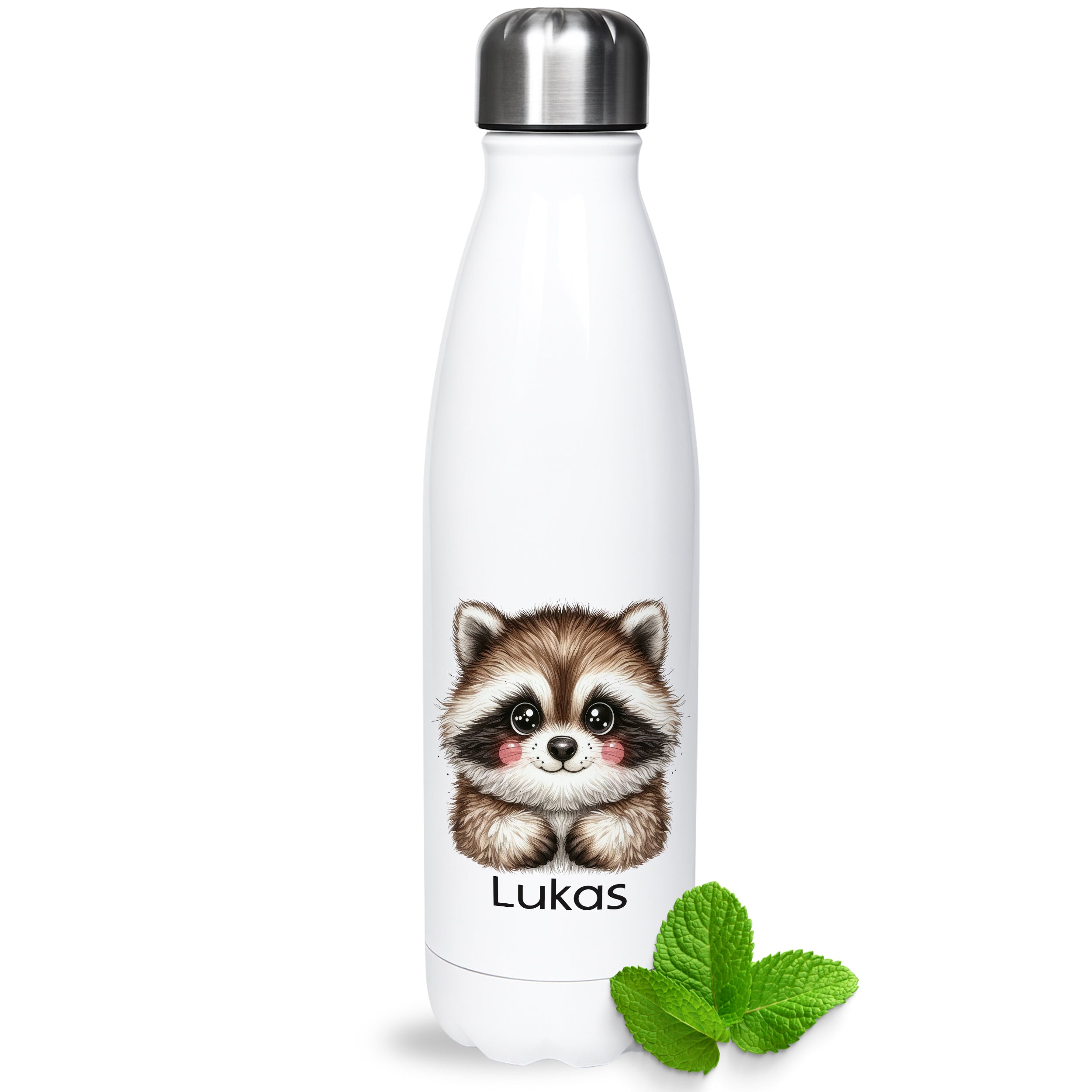 Weiße Thermoflasche mit Waschbärmotiv und Wunschname
