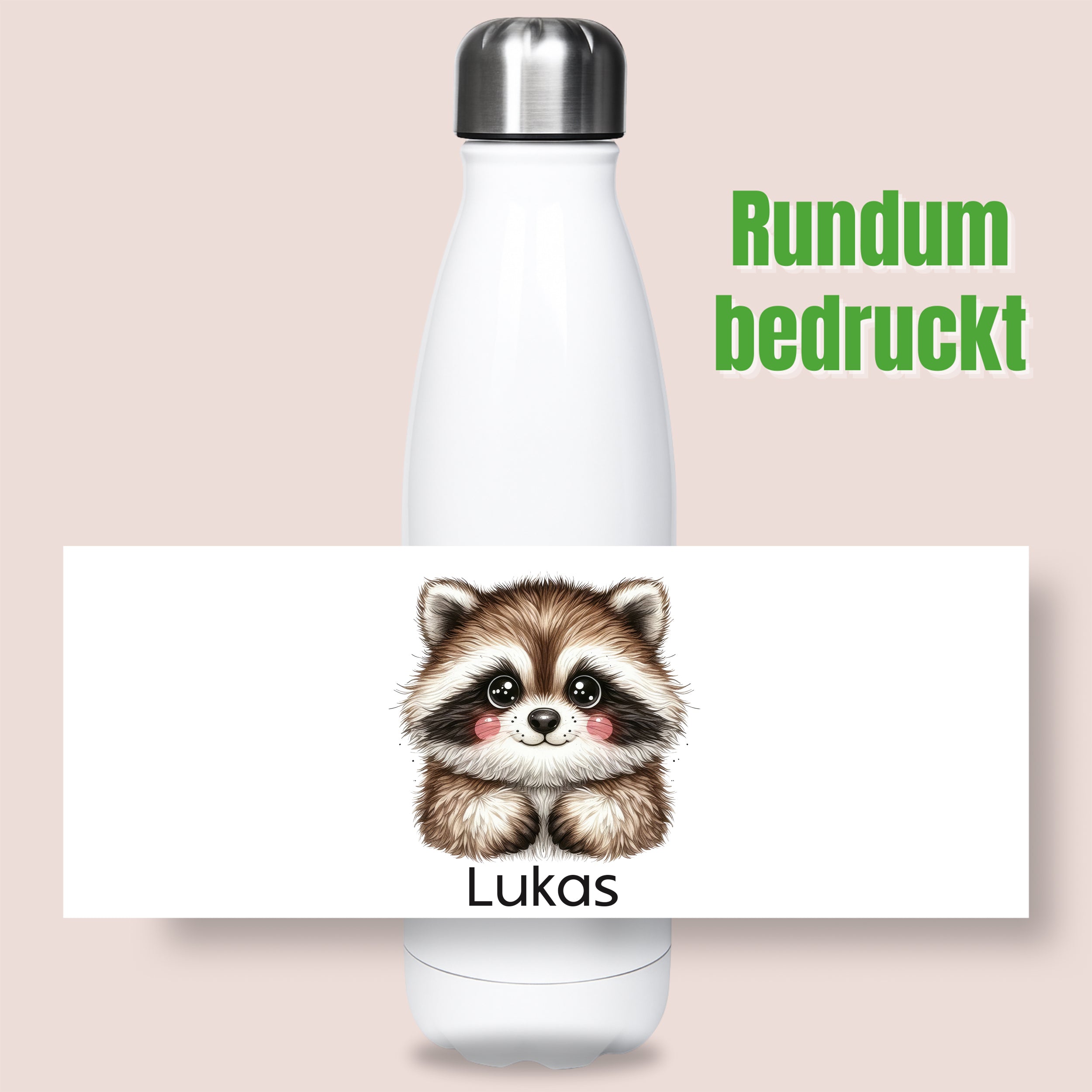Thermoflasche mit Waschbärmotiv und Wunschname, grafische Motivansicht