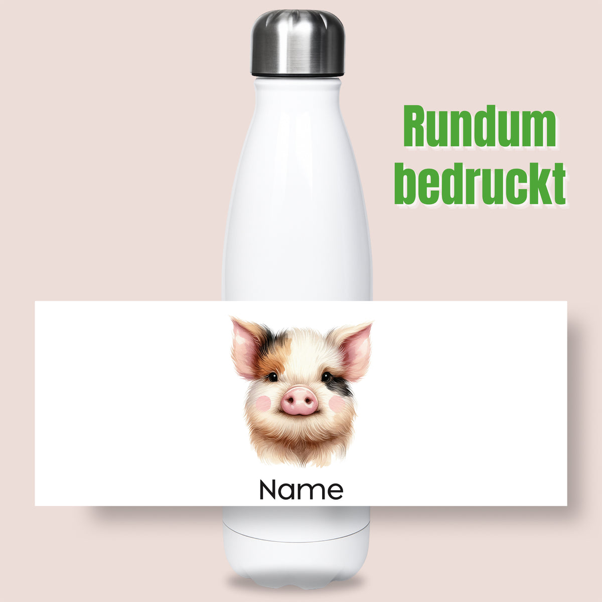 Thermoflasche mit Schweinchenmotiv und Wunschname, grafische Motivansicht