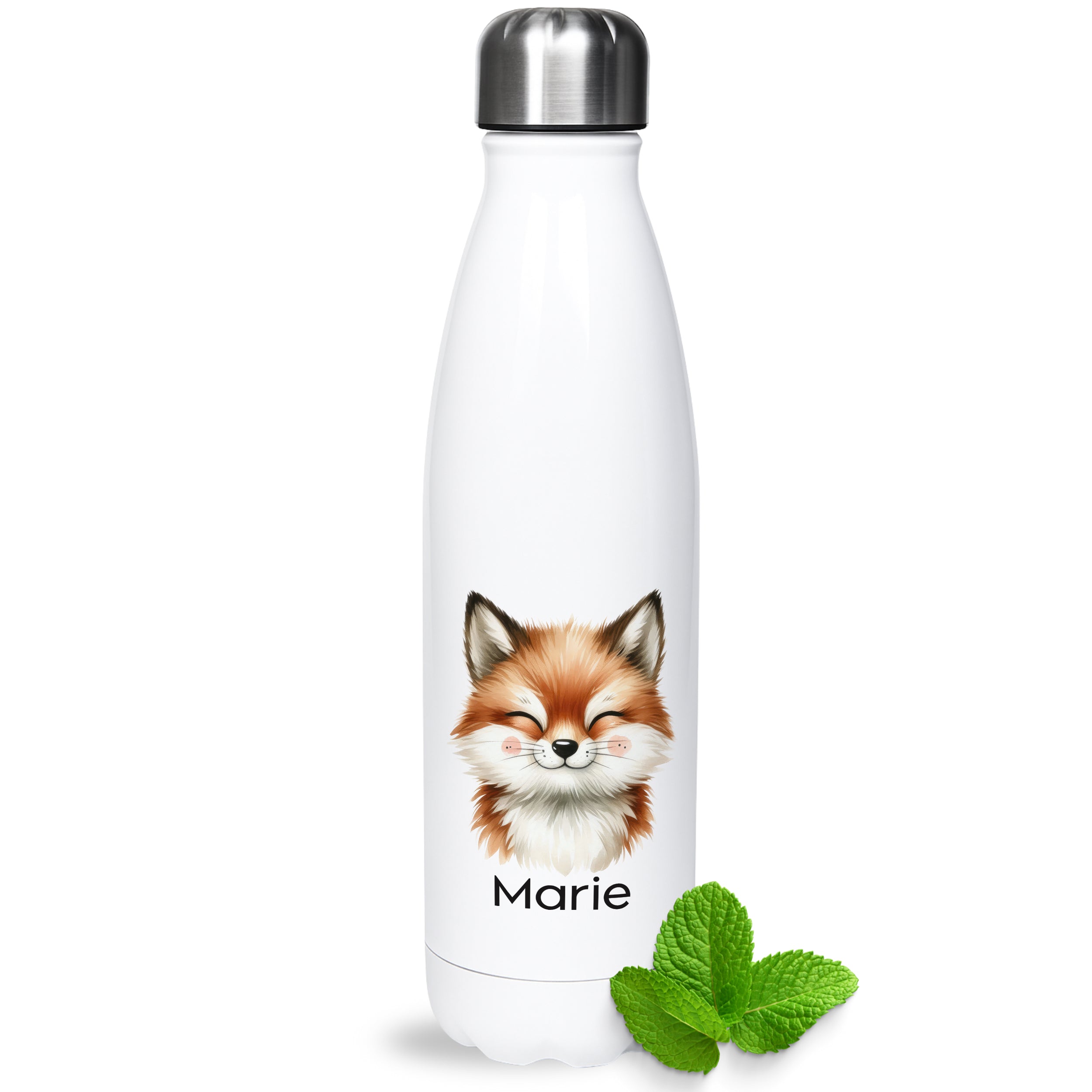 Weiße Thermoflasche mit Fuchsmotiv und Wunschname