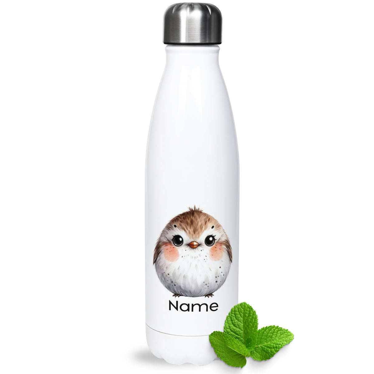 Weiße Thermoflasche mit Vogelmotiv und Wunschname