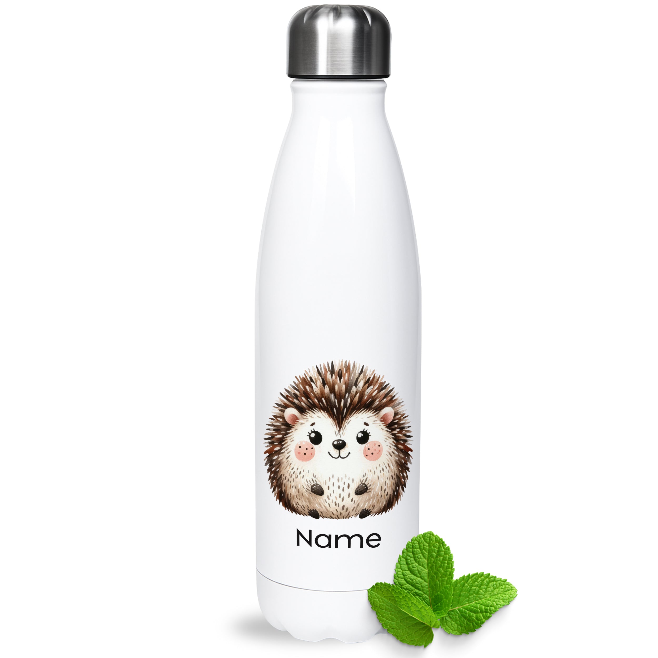 Weiße Thermoflasche mit Igelmotiv und Wunschname