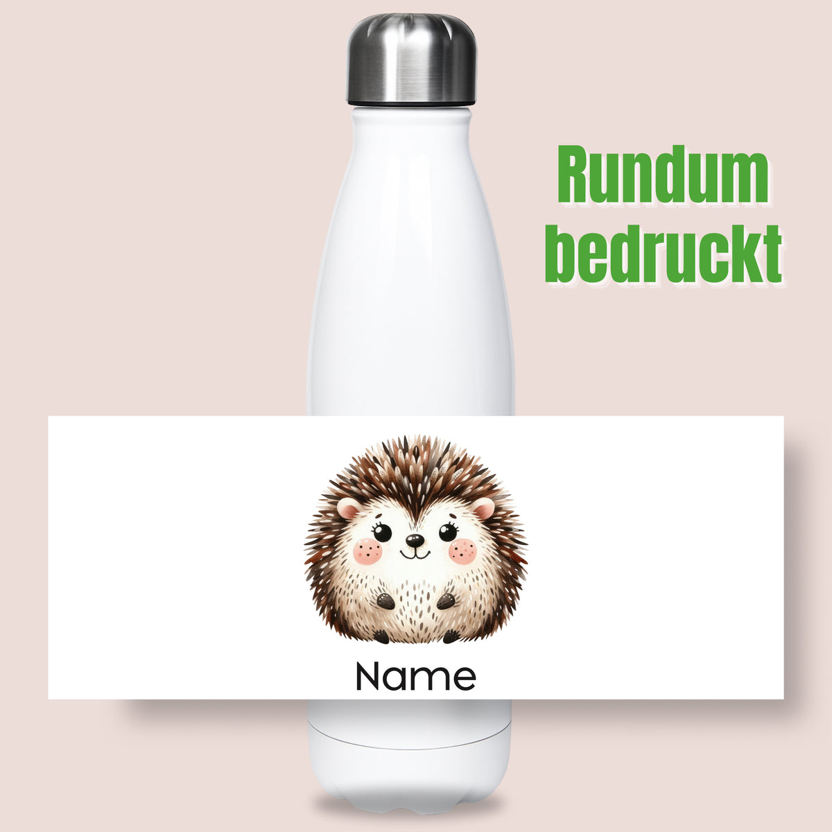 Thermoflasche mit Igelmotiv und Wunschname, Ansicht „Rundum bedruckt“