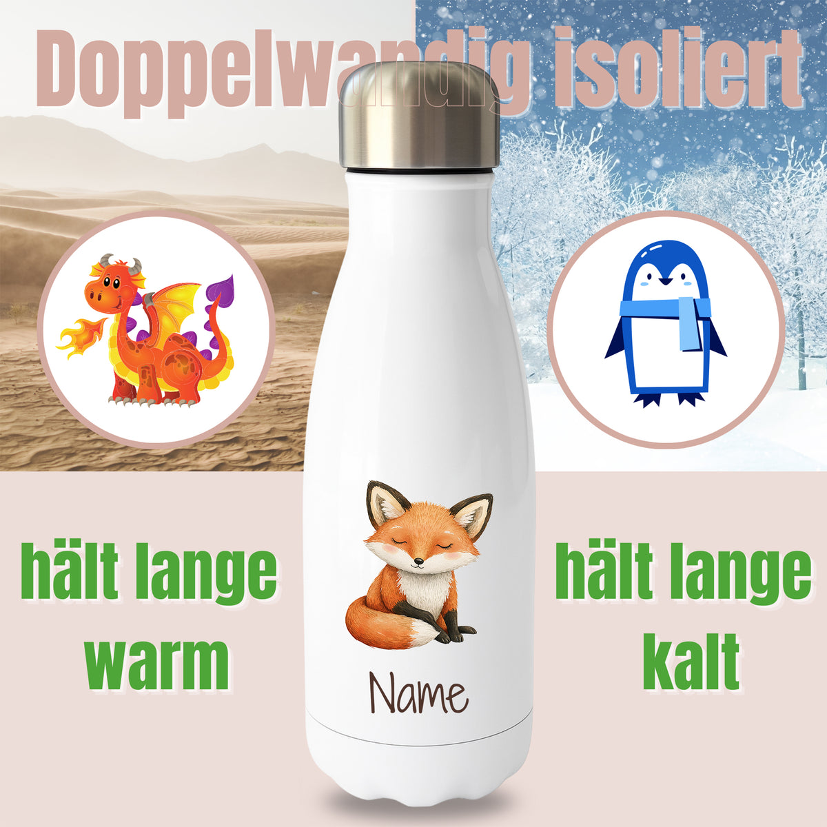 Weiße Thermoflasche mit Fuchsmotiv und Wunschname, Hinweis auf doppelwandige Isolierung