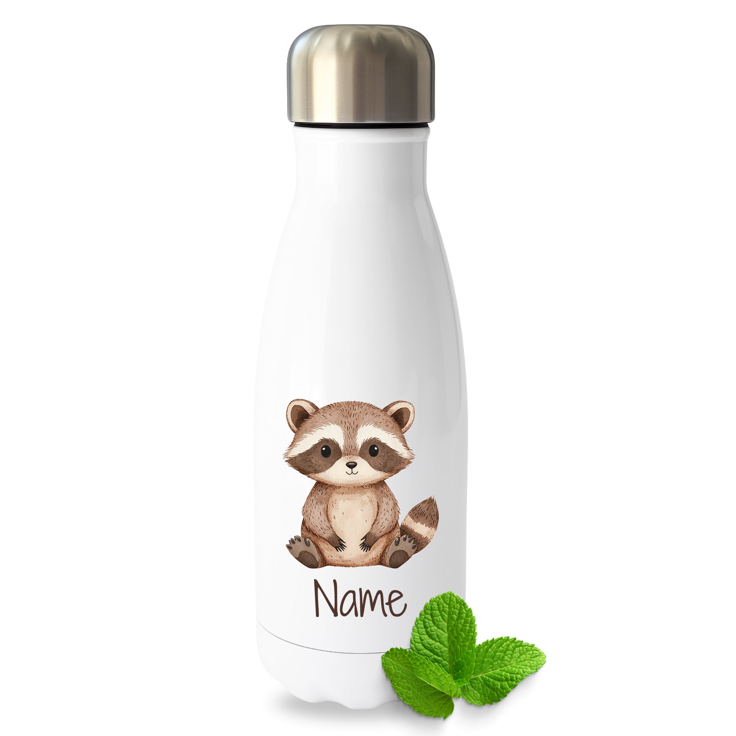 Weiße Thermoflasche mit Waschbärmotiv und Wunschname