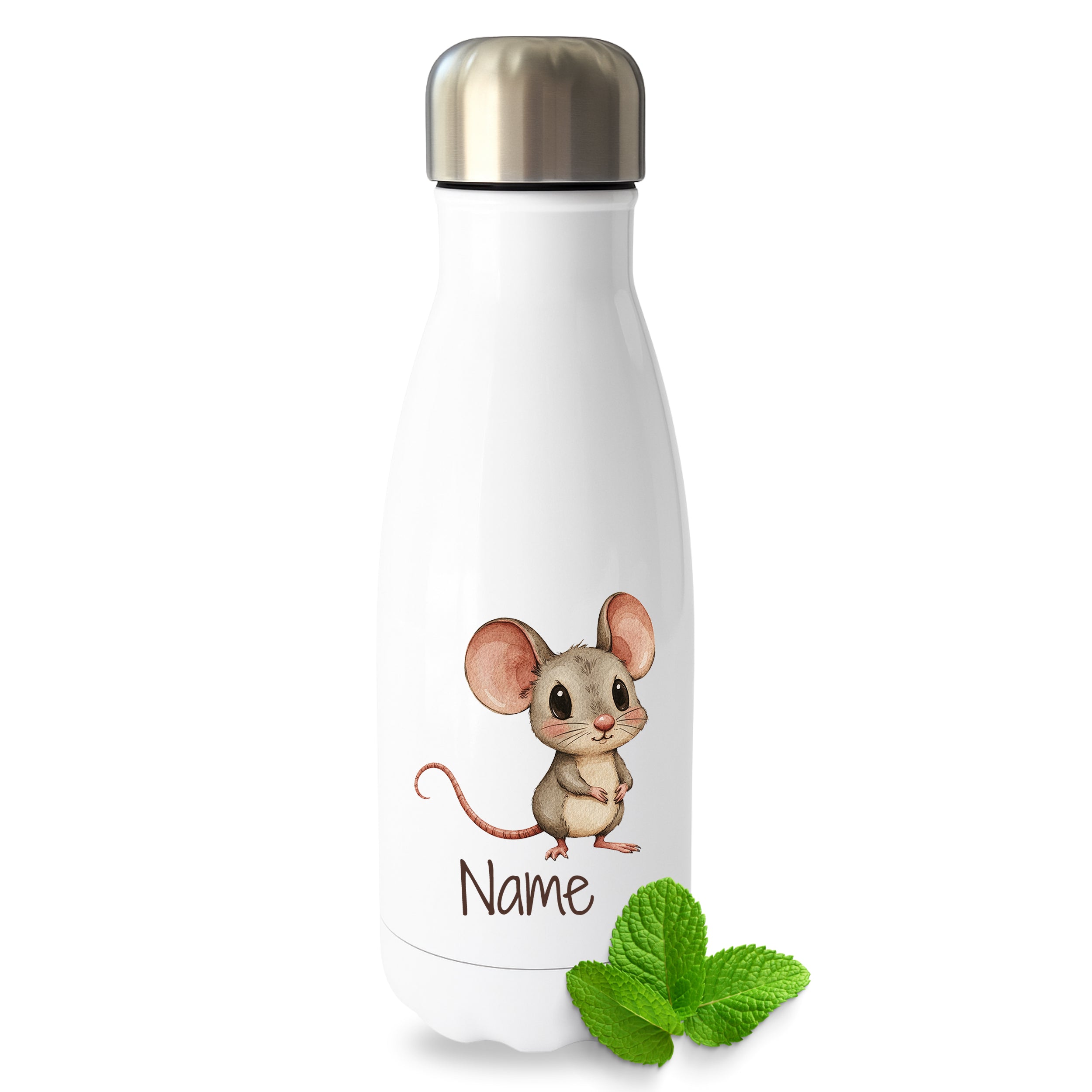 Weiße Thermoflasche mit Mausmotiv und Wunschname