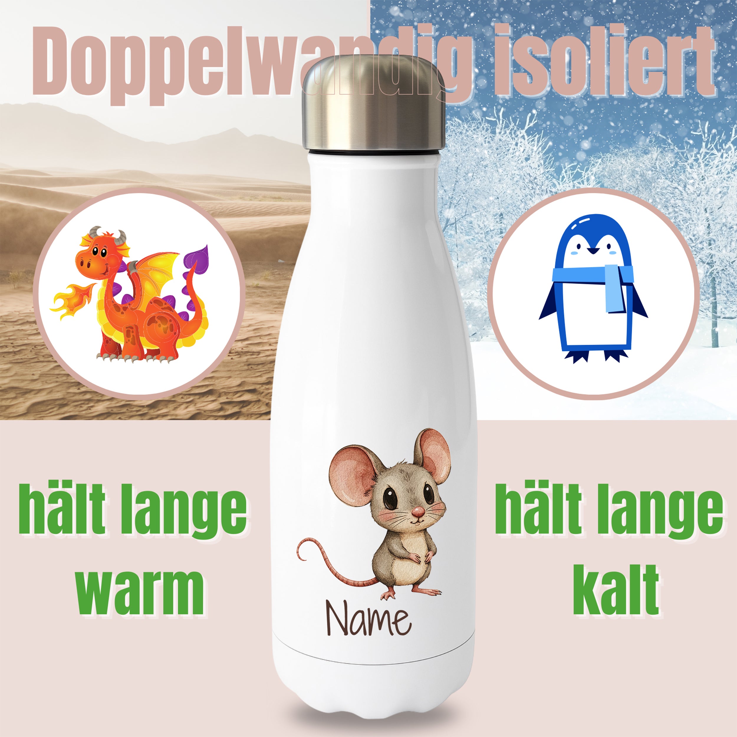 Weiße Thermoflasche mit Mausmotiv und Wunschname, Hinweis auf doppelwandige Isolierung