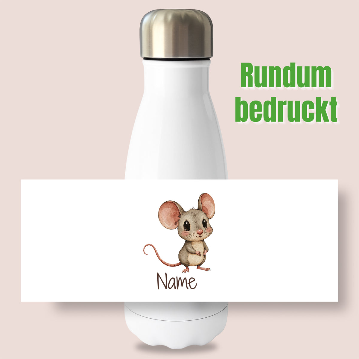 Thermoflasche mit Mausmotiv und Wunschname, Ansicht „Rundum bedruckt“