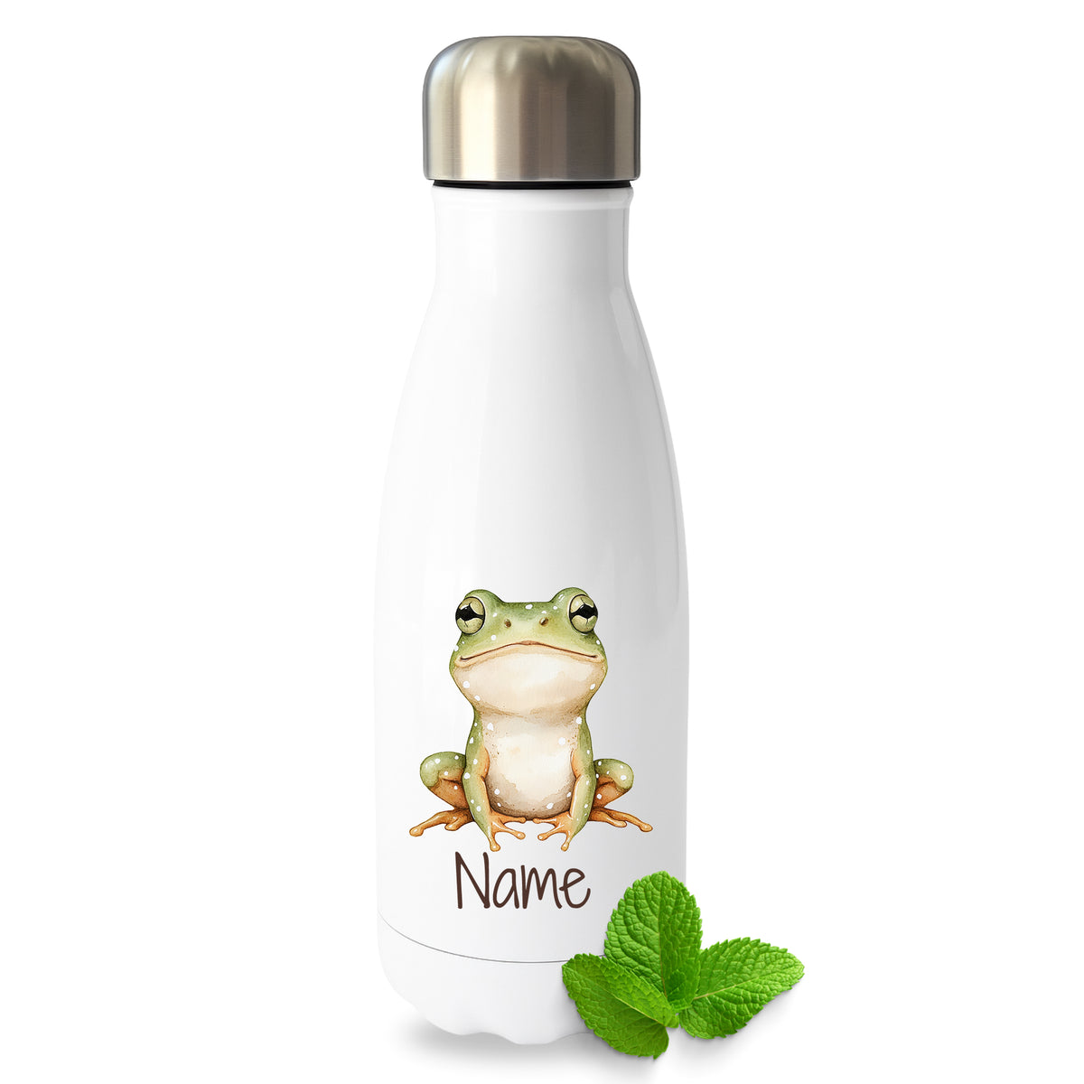 Weiße Thermoflasche mit Froschmotiv und Wunschname
