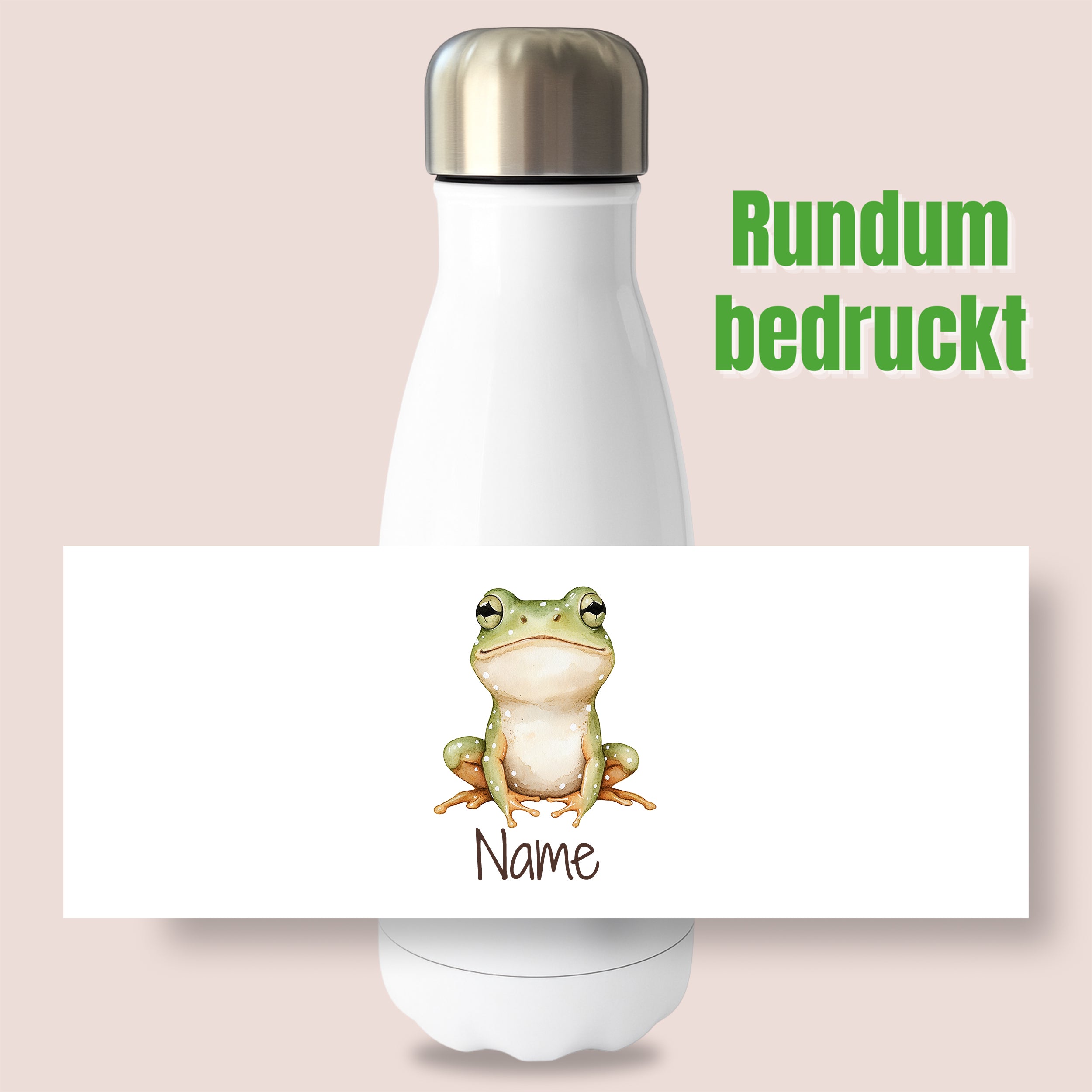 Thermoflasche mit Froschmotiv und Wunschname, Ansicht „Rundum bedruckt“