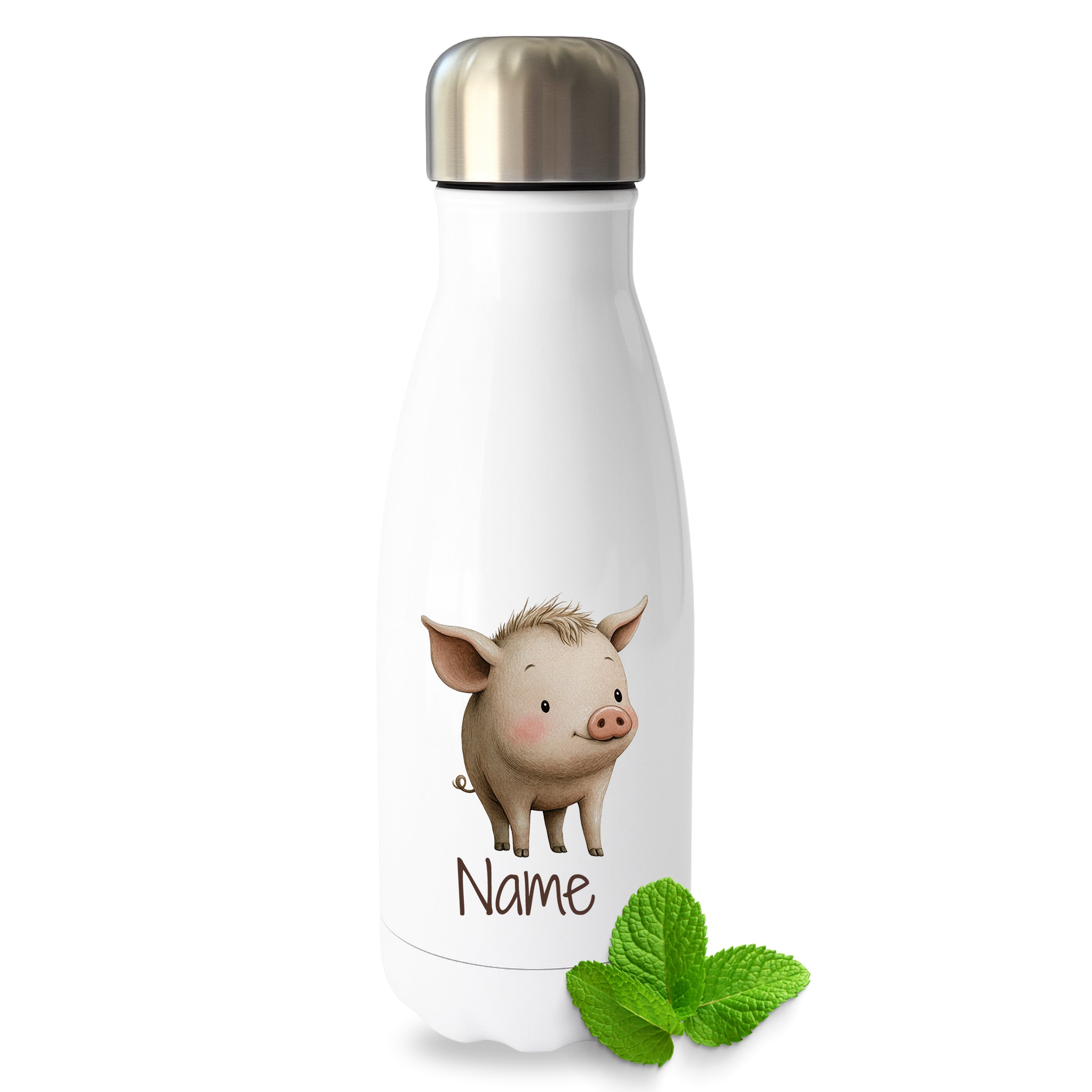 Weiße Thermoflasche mit Schweinmotiv und Wunschname