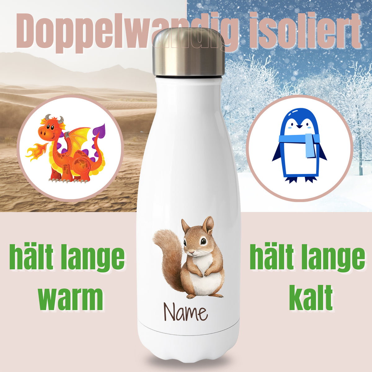 Weiße Thermoflasche mit Eichhörnchenmotiv und Wunschname, Hinweis auf doppelwandige Isolierung