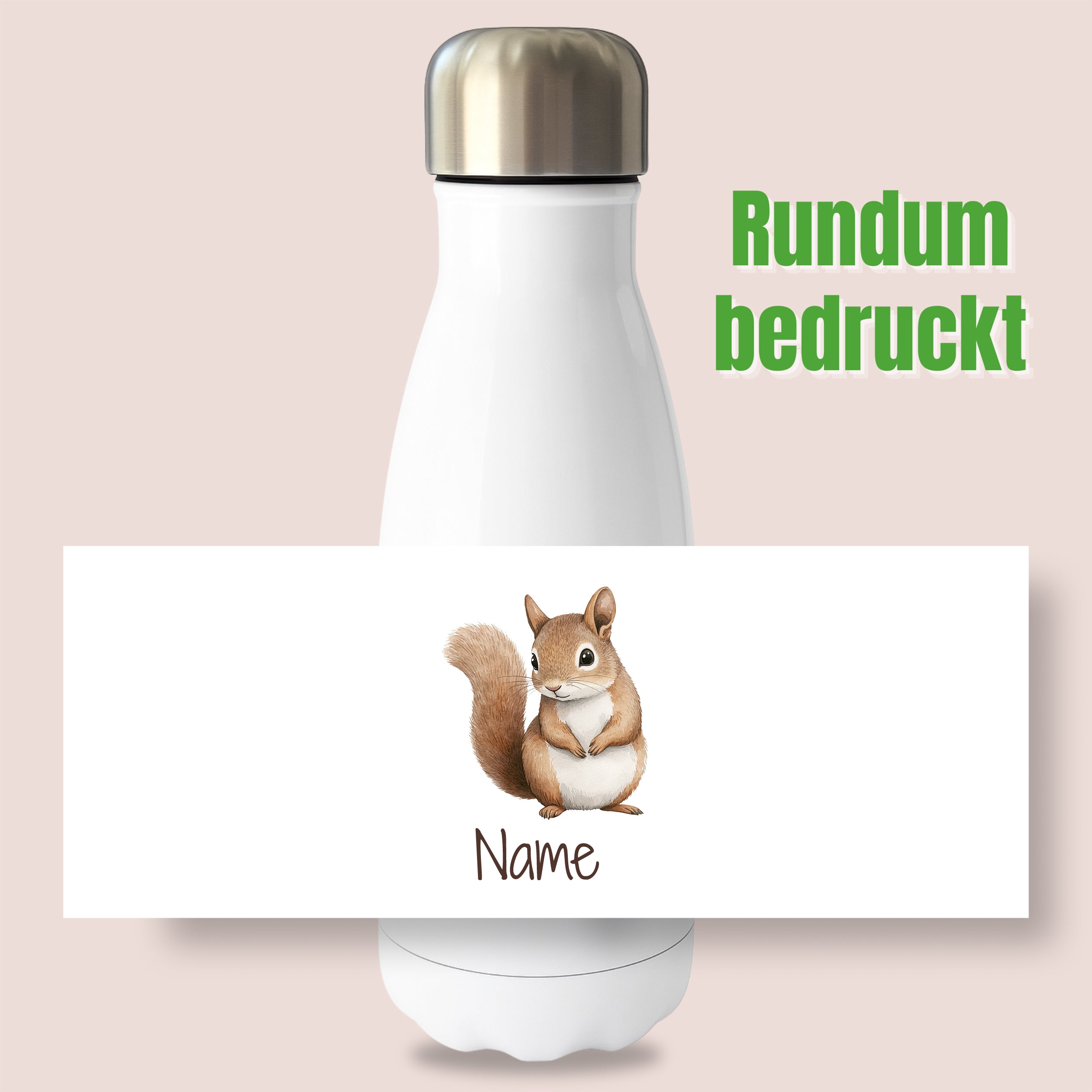 Thermoflasche mit Eichhörnchenmotiv und Wunschname, Ansicht „Rundum bedruckt“